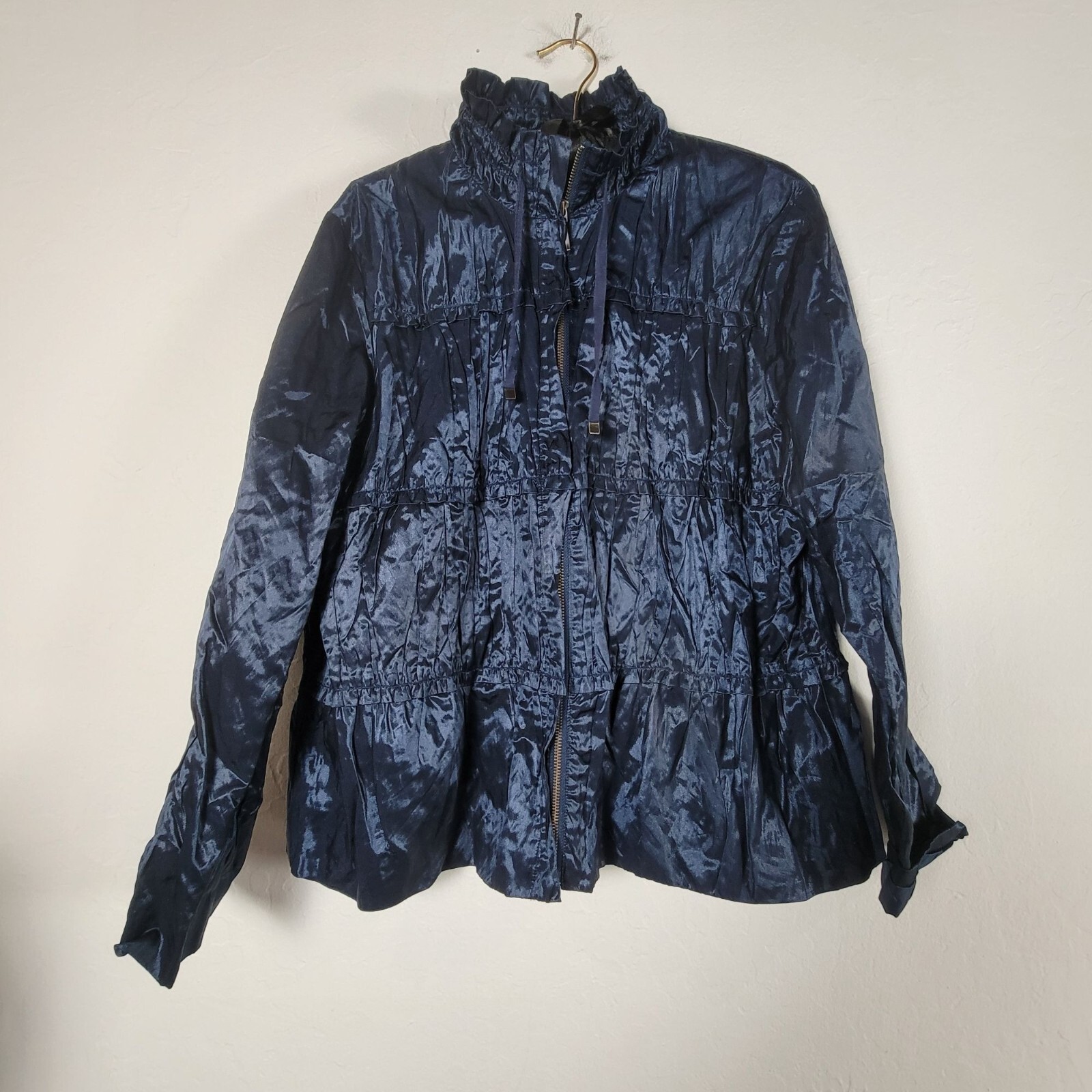 Chico\'s Womens Ruffle Collar Zip Front Navy Blue Jacket Size 3 Crinkled Casual Chico\'s Womens Ruffle Collar Zip Front Navy Blue Jacket Size 3 Crinkled Casual