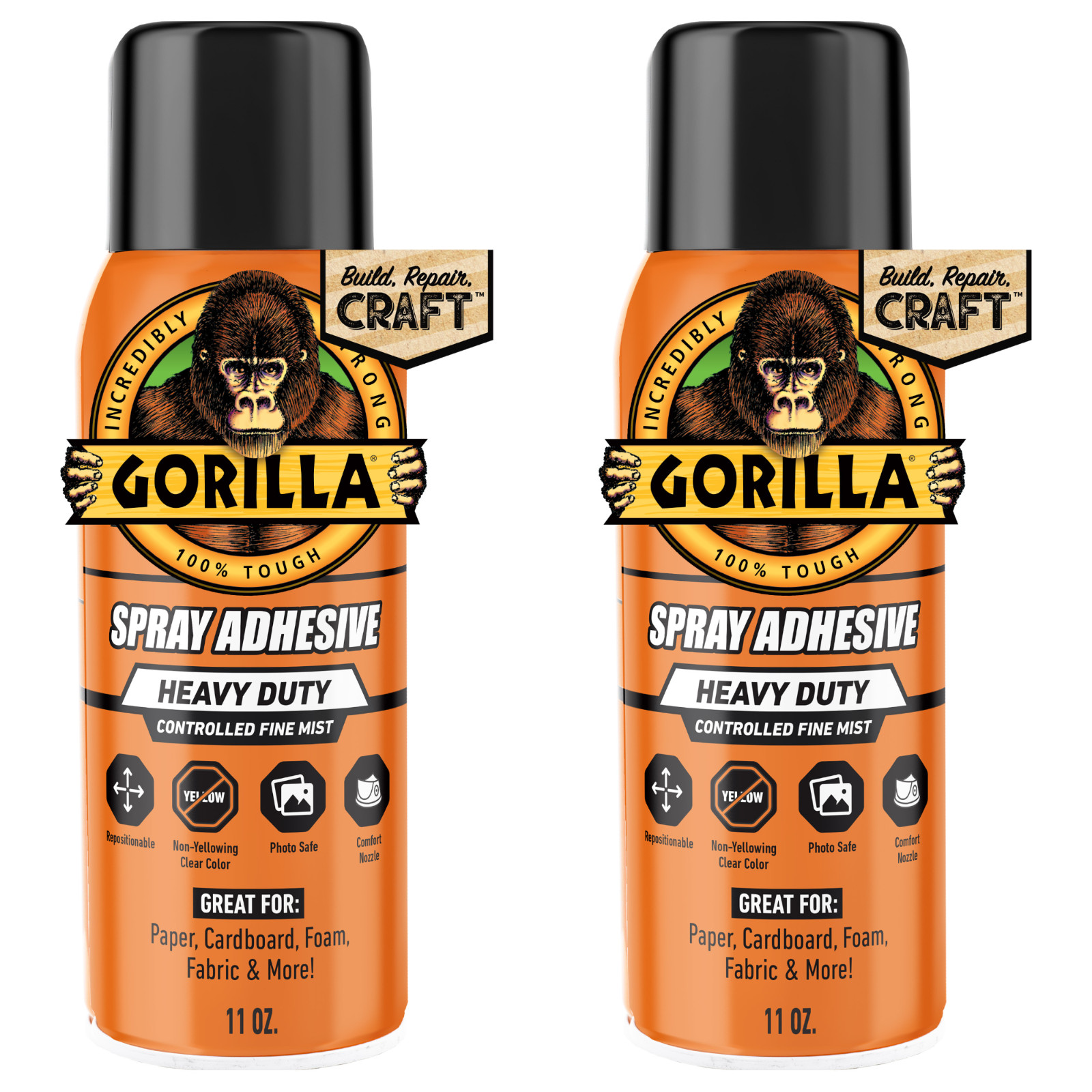 Gorilla Clear Spray Adhesive 11 oz Cans, 2-Pack, New