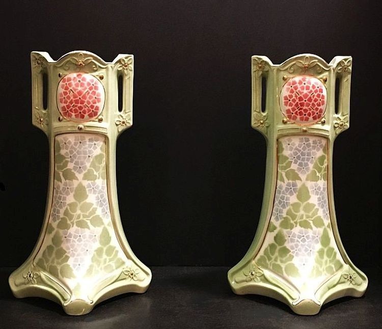 Antique French Mantle Vases. 1920\'s K & G Luneville. Hydrangeas.  Pale sage.