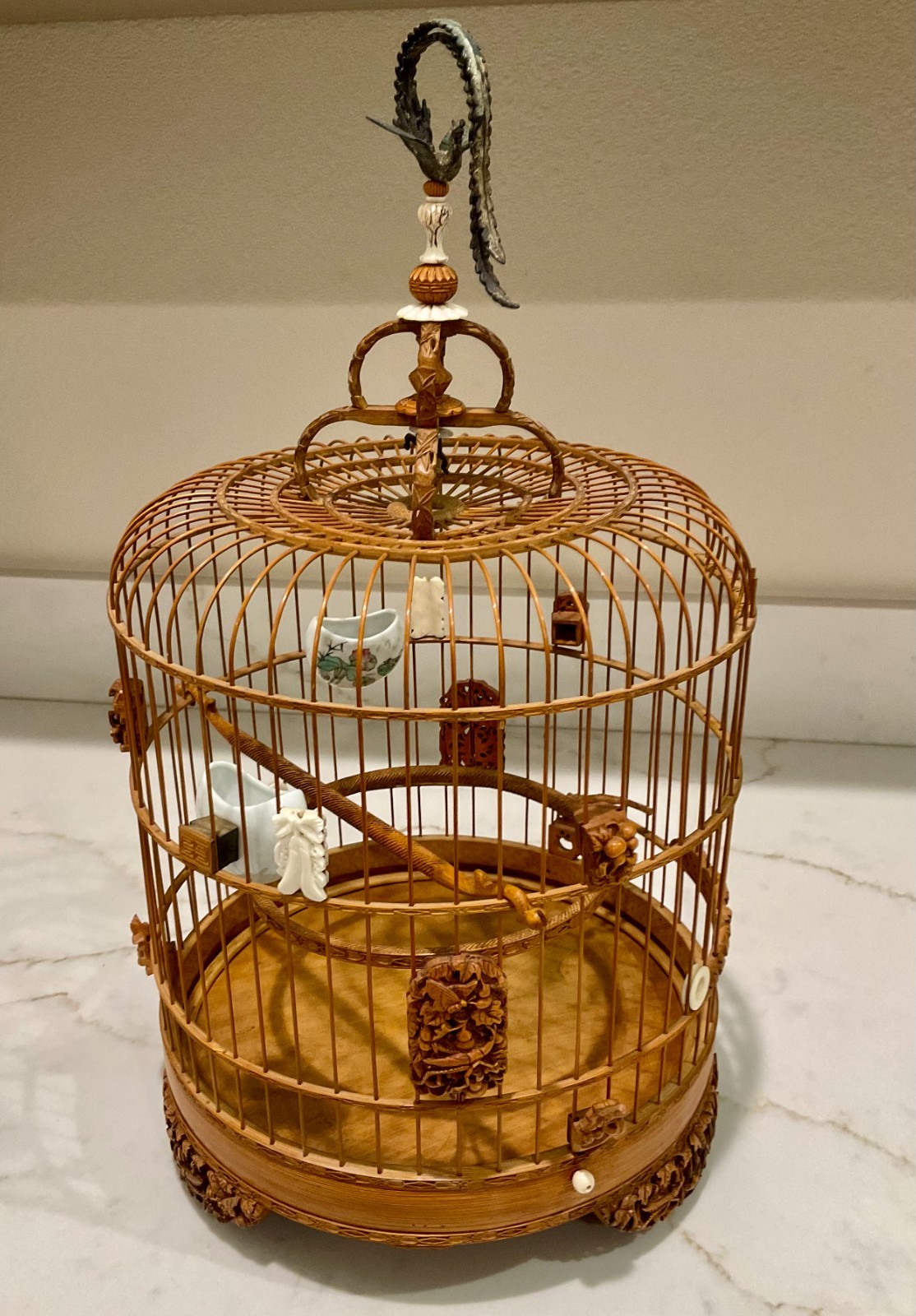 Vintage Chinese Carved Bamboo Bird Cage- Porcelain Feeders, Phoenix Hook