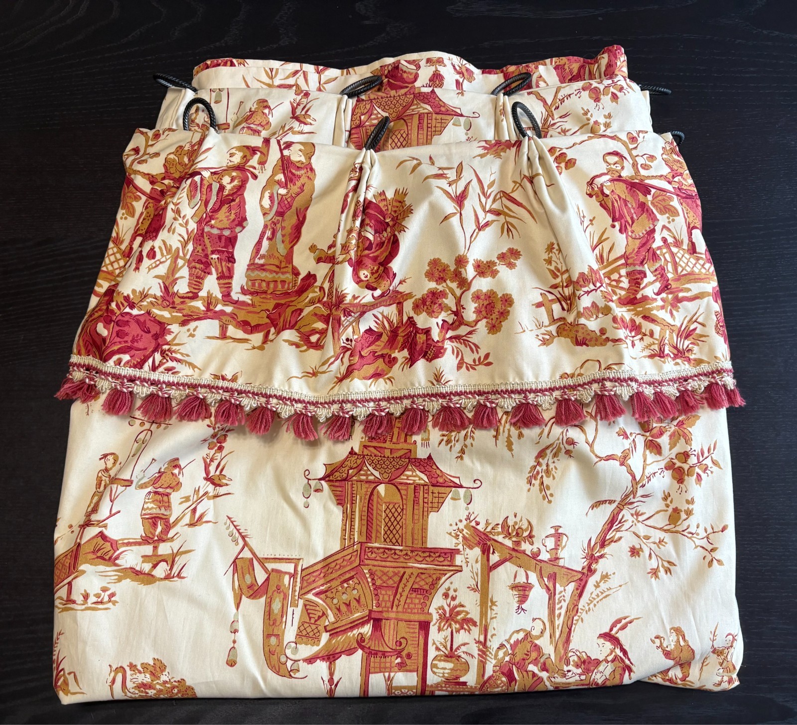 One Schumacher Pink/Red Chinoiserie Curtain with Attached Valance & Tassel Trim