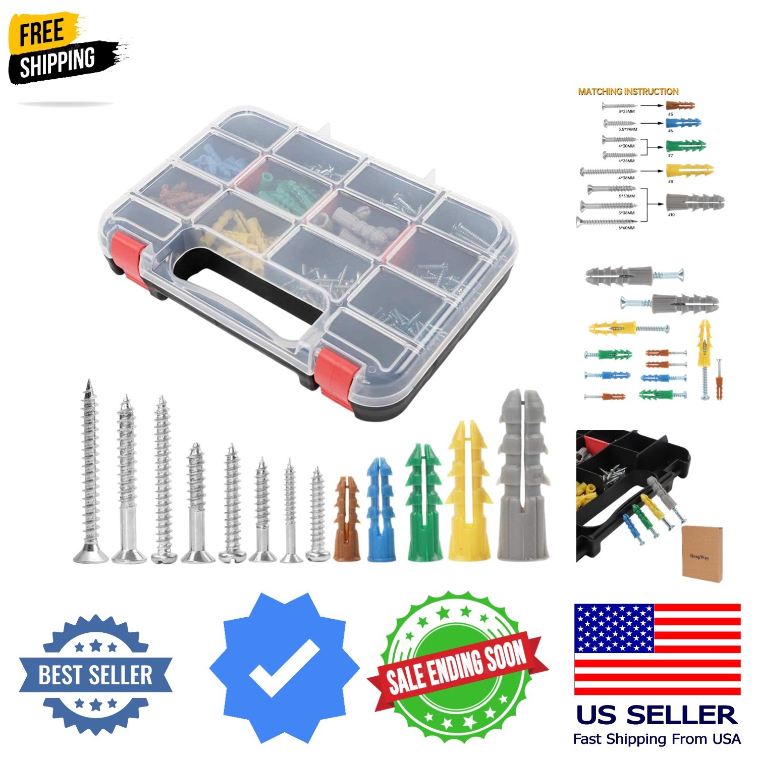 370pcs Drywall Anchors and Screws Assortment Kit, 5 Sizes Wall Anchors and Fl...
