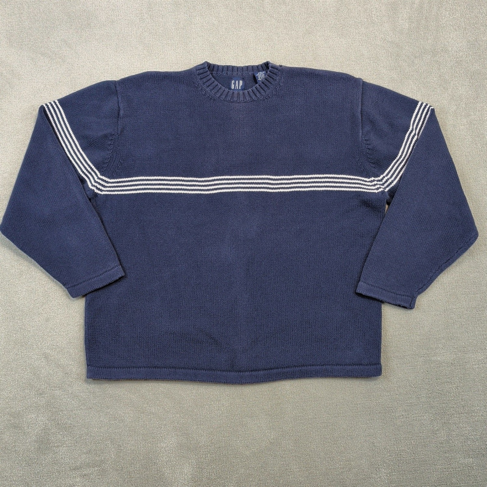 Gap Sweater Mens XXL Vintage 90s Navy Blue White Striped Crewneck Cotton Knit
