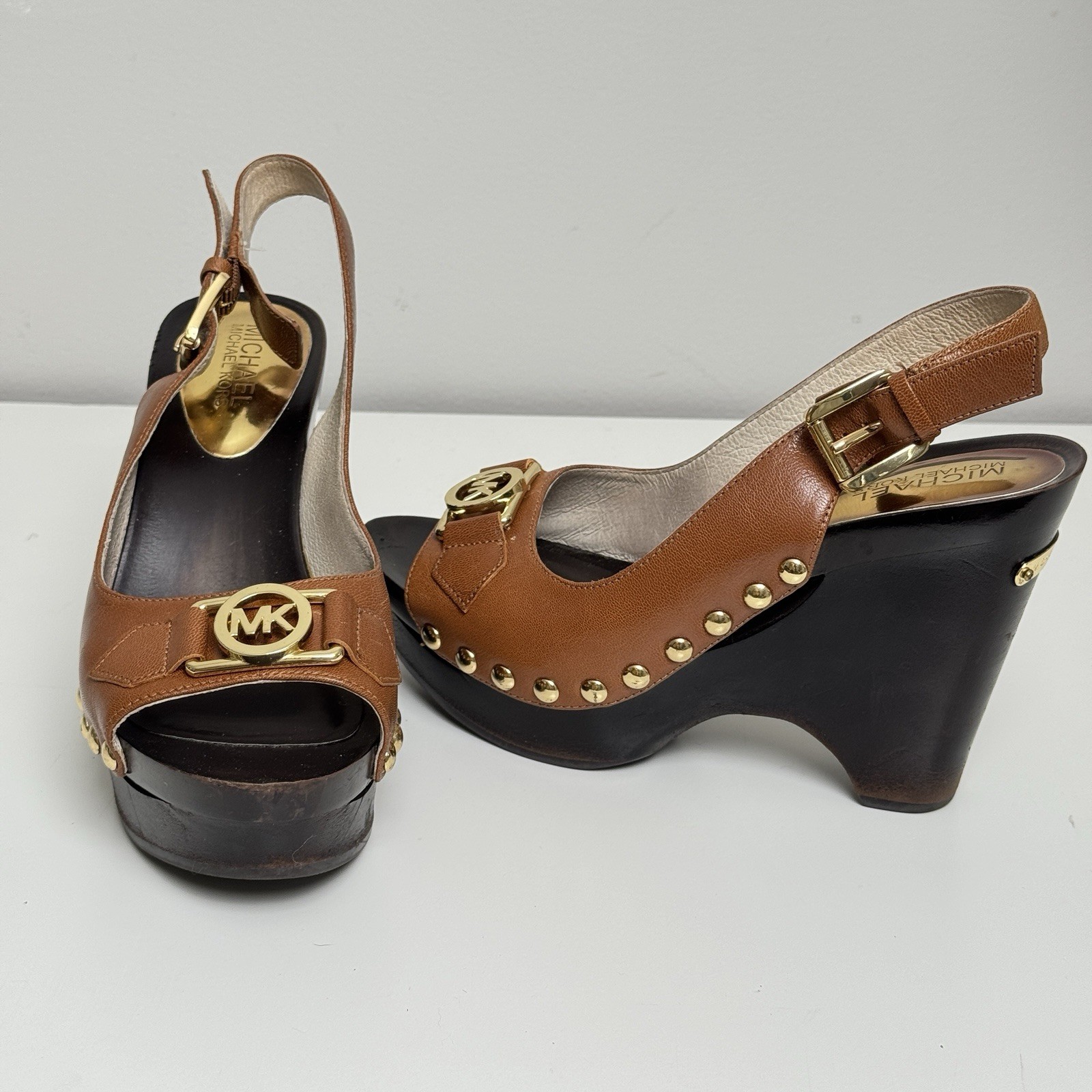 Michael Kors Candace ST14D Leather Platform Wedge Sandals Brown 6.5M