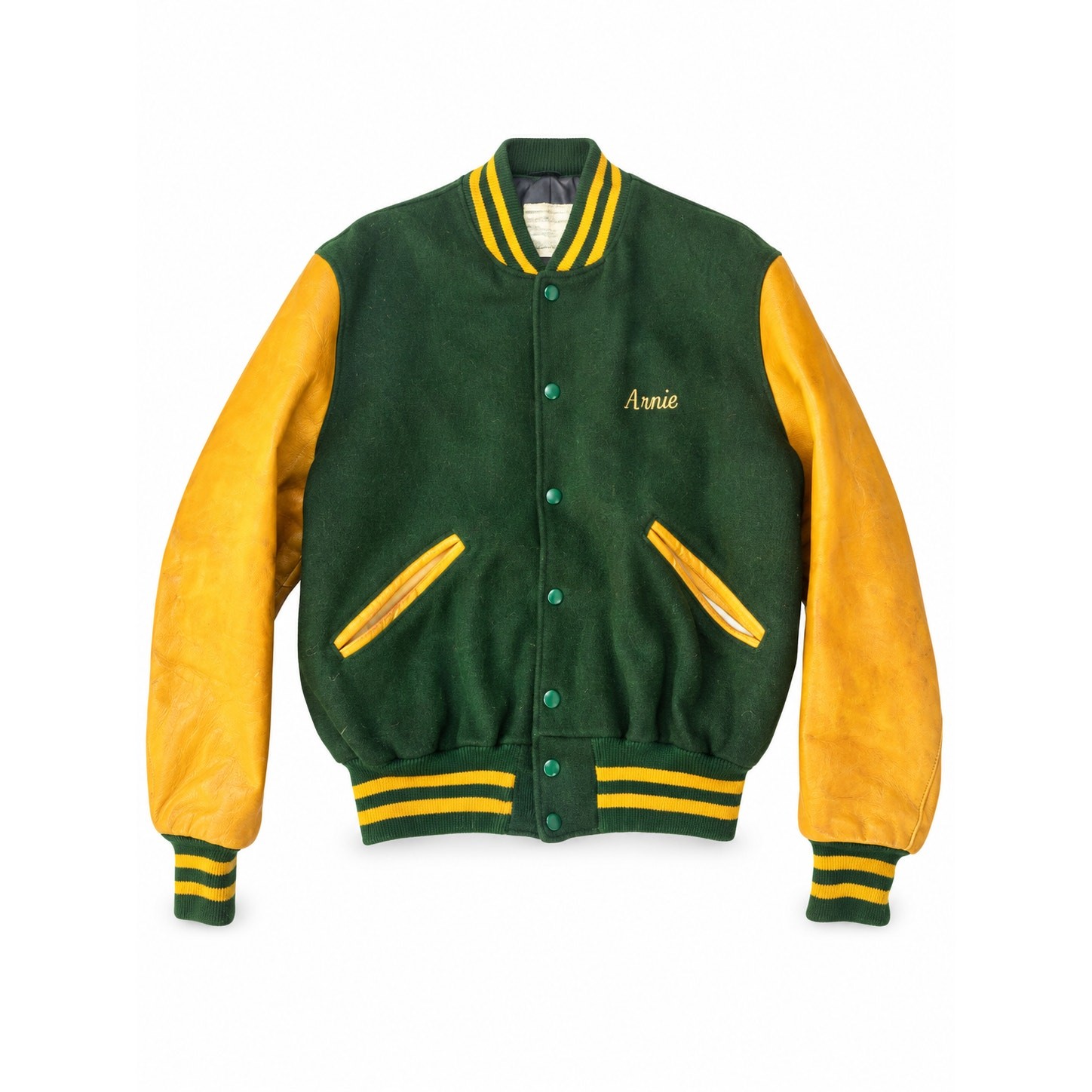 Vintage DeLong Varsity Letterman Jacket Mens 44 Wool Leather USA Green Gold