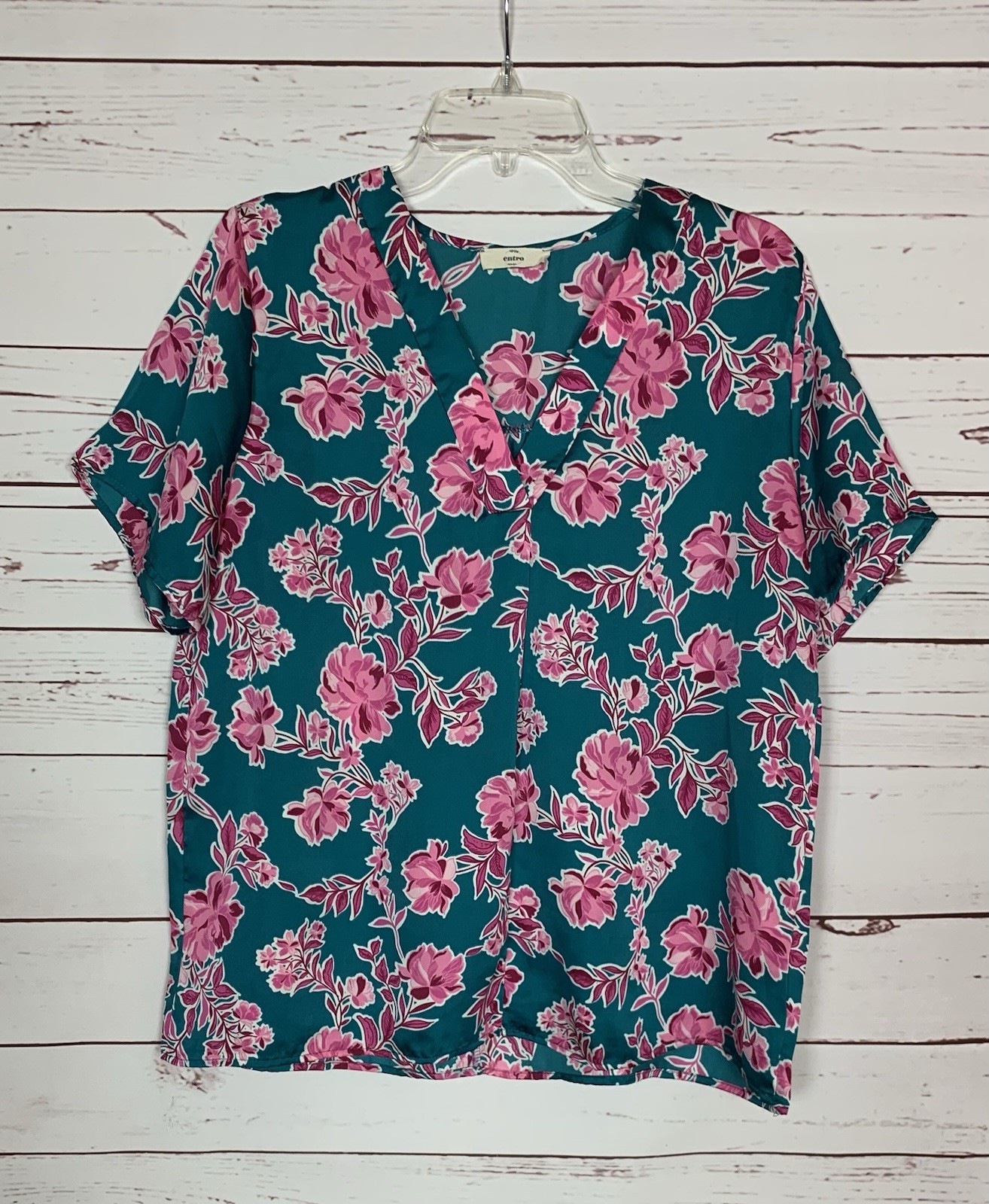 Entro Boutique Women’s M Medium Teal Pink Floral Short Sleeve V Neck Top Blouse