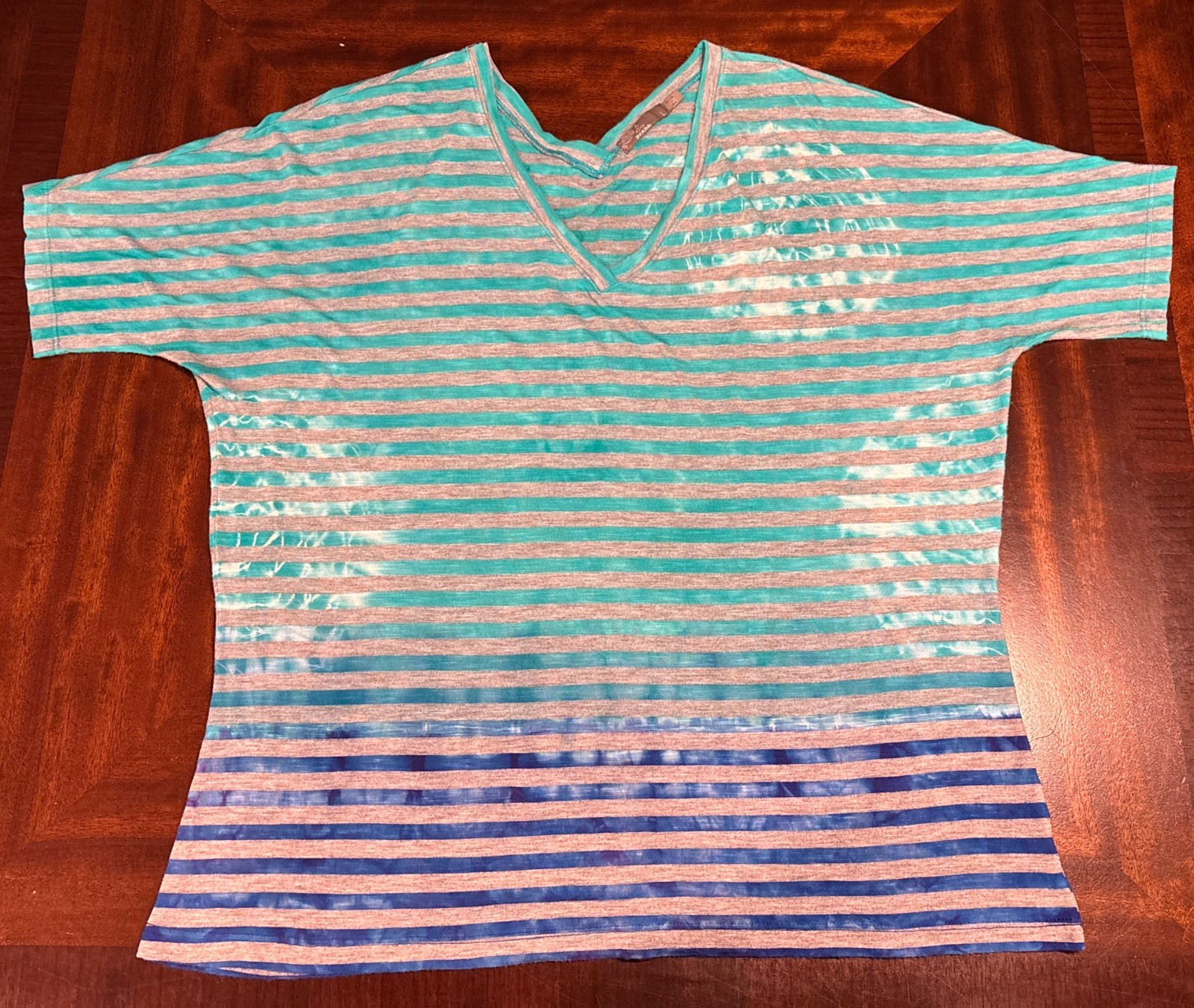 prAna Women\'s L Teal Green Striped Shirt Made in USA Organic Cotton Outdoor
