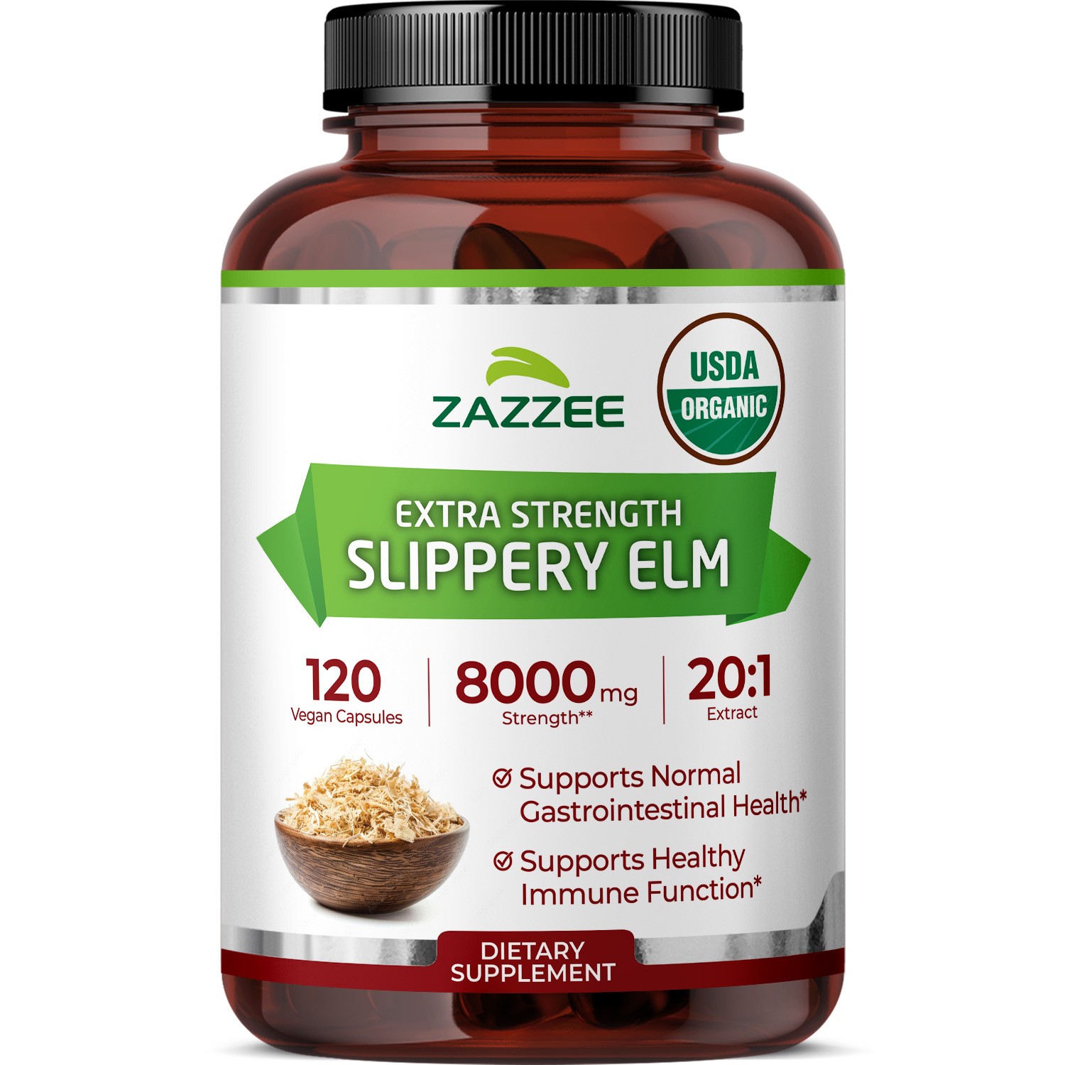 USDA Organic Slippery Elm Bark 20:1 Extract, 8000 mg Strength 120 Vegan Capsules