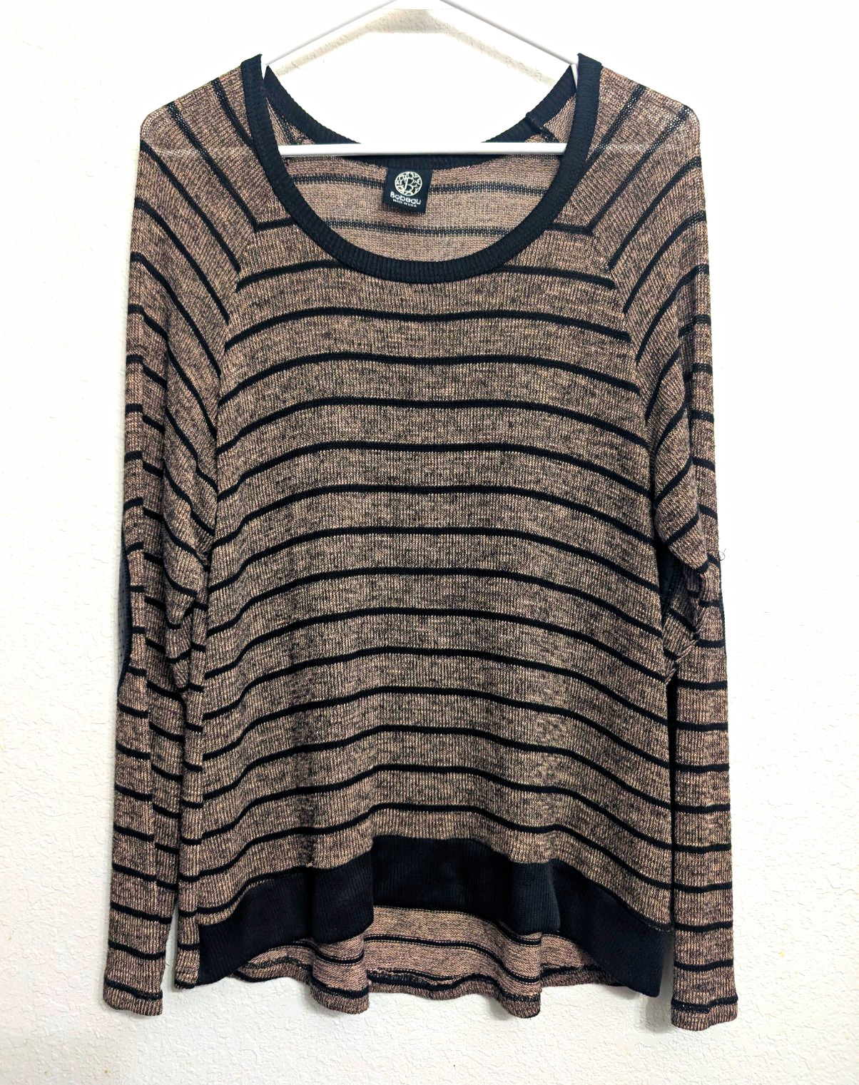 Bobeau Women’s Brown/Black Striped Knit Pullover Round Neck Elbow Patch M/L Bobeau Women’s Brown/Black Striped Knit Pullover Round Neck Elbow Patch M/L