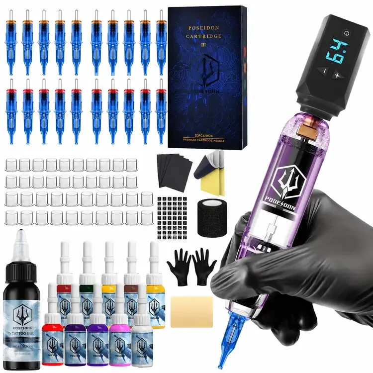 POSEIDON Wireless Tattoo Pen Machine Kit 1500mAh Battery Digital Display Rotary