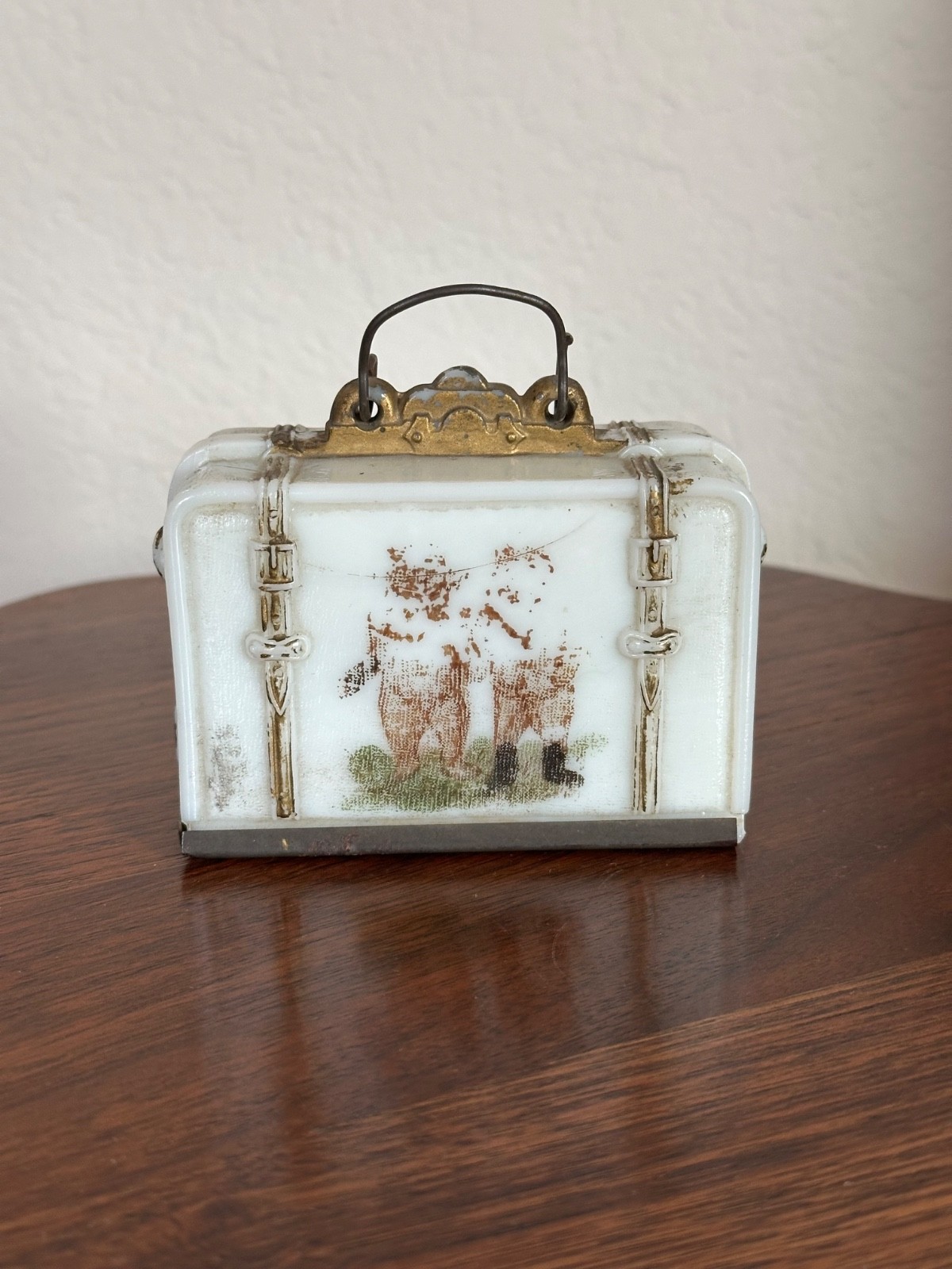 Antique Circa 1907 Milk Glass Candy Container Suitcase Souvenir Roosevelt Bears