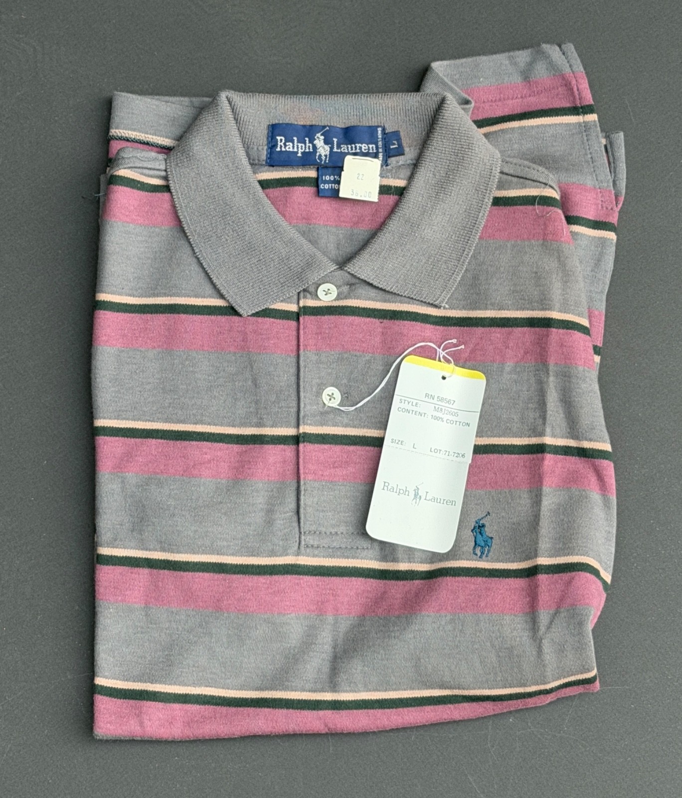 NWT Vintage Y2K Grey Stripe Ralph Lauren 100% cotton Polo Shirt – Youth L