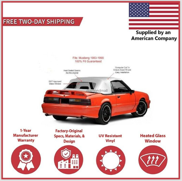 1983-90 Ford Mustang Convertible Soft Top w/ DOT Approved Glass Window, White