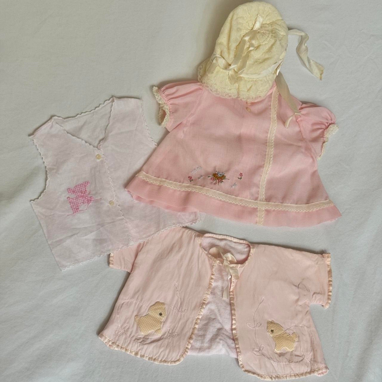 Vintage 1970s Baby Clothing Lot Pink Embroidered Shirt Bonnet Handmade 0-6 mo
