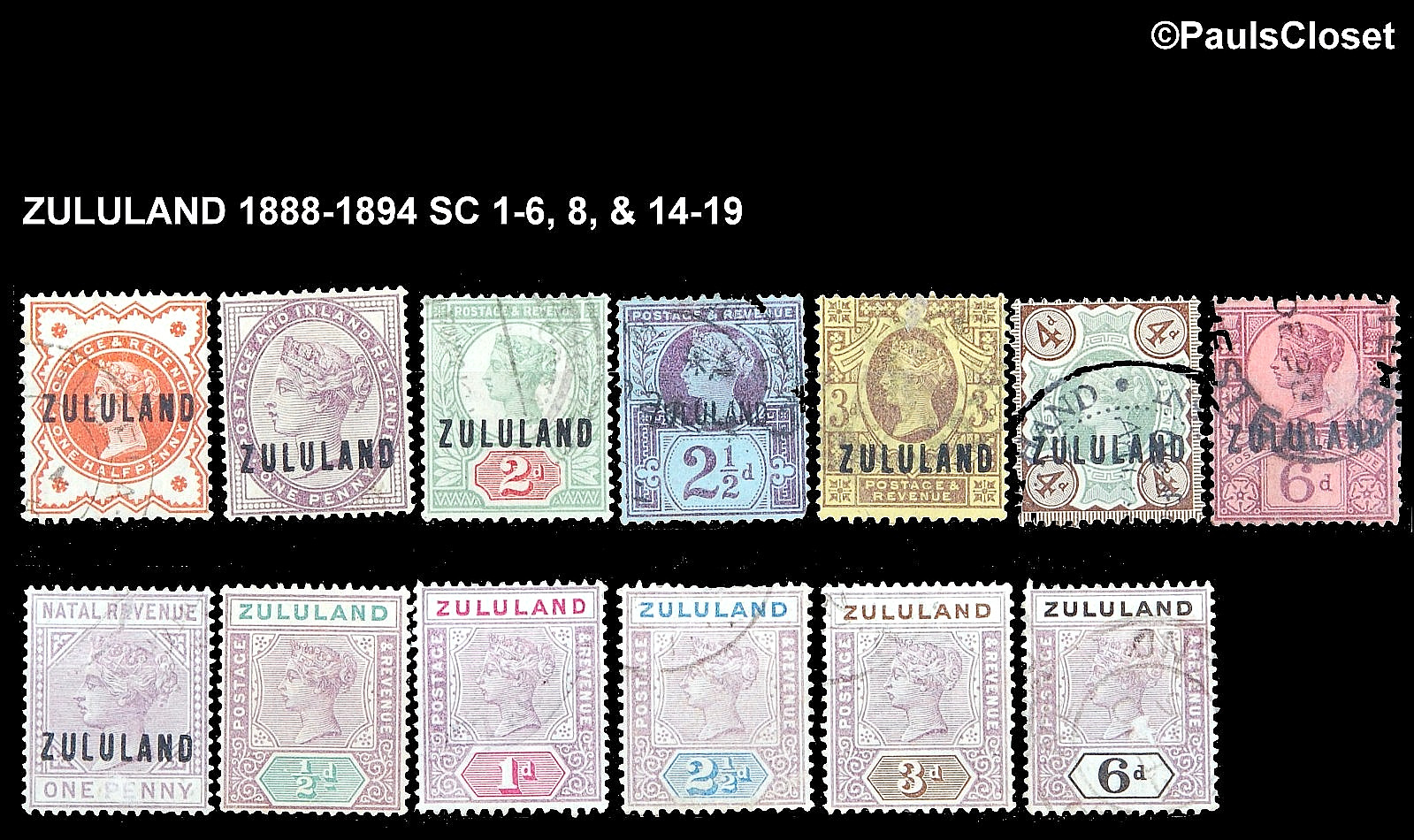 ZULULAND 1888-1894 SC 1-6, 8, & 14-19 QUEEN VICTORIA USED & MHR F/VF ZULULAND 1888-1894 SC 1-6, 8, & 14-19 QUEEN VICTORIA USED & MHR F/VF