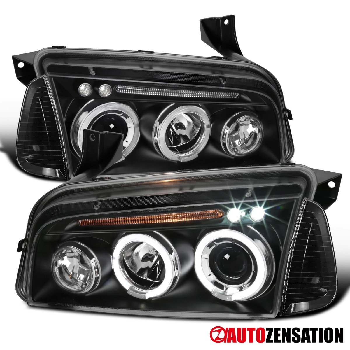 Fit 2006-2010 Dodge Charger Black LED Halo Projector Headlights+Corner Signal Fit 2006-2010 Dodge Charger Black LED Halo Projector Headlights+Corner Signal