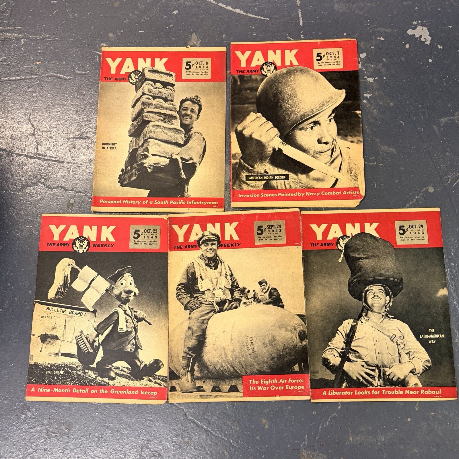 Vintage WWII Yank Magazine Lot Of  5 1943 Complete Amazing History Scarce