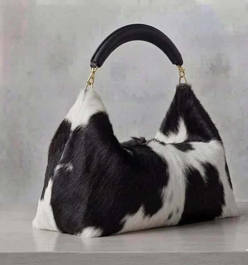 Black White Cowhide Slouchy Hobo Bag Hair On Hide Shoulder Purse Handbag Gift