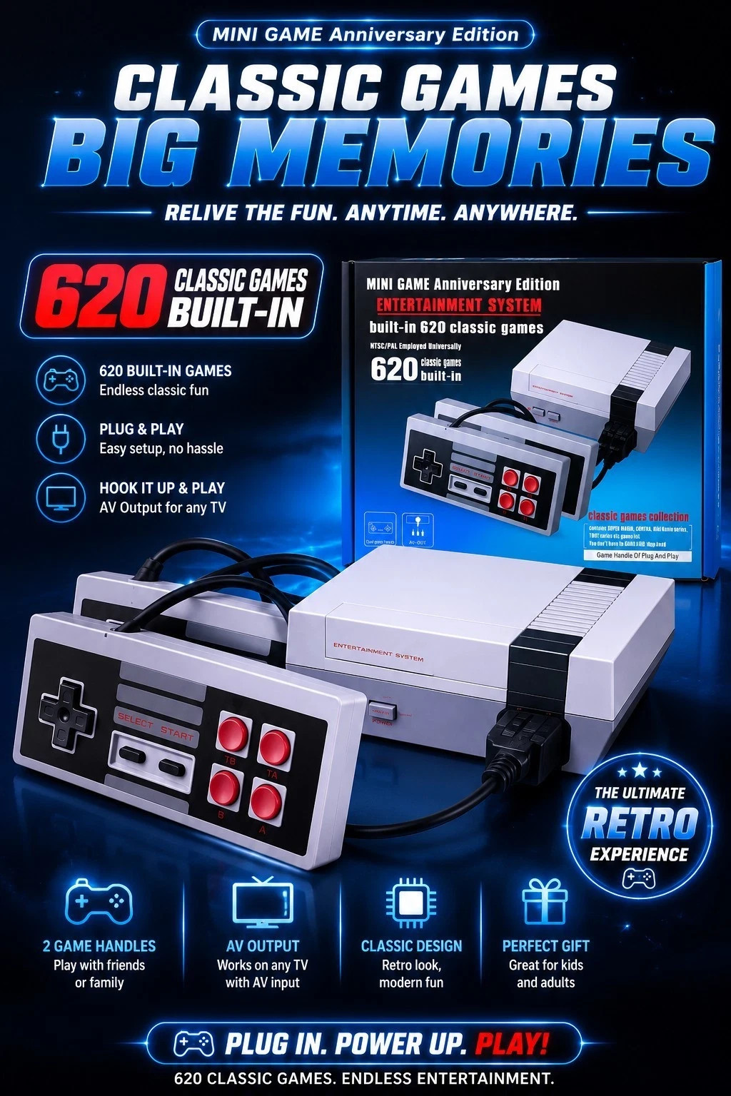 New Mini NES Anniversary Edition 620 Games Style Console Plug & Play