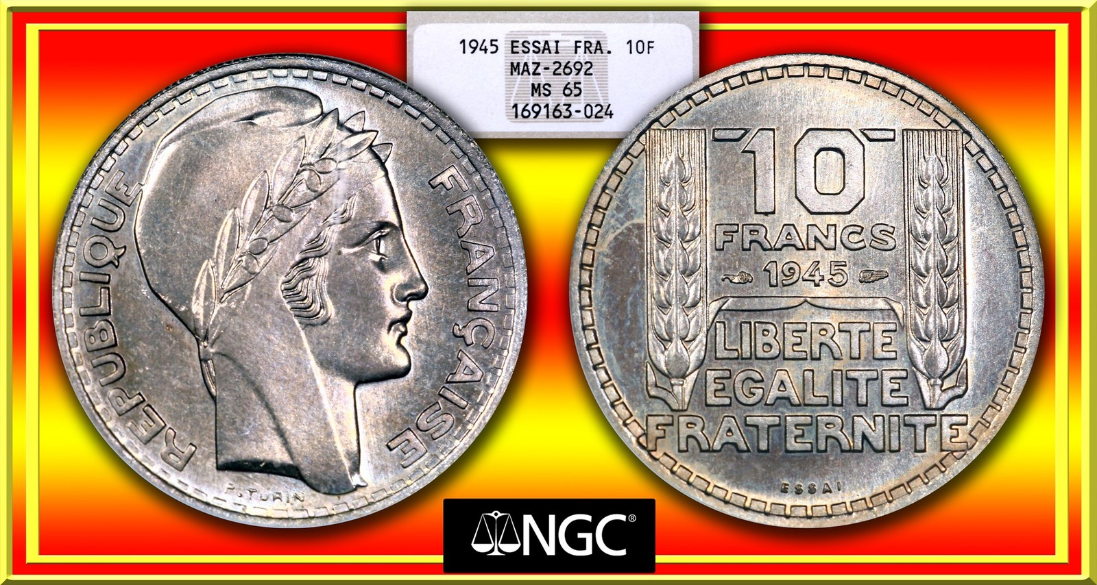 FRANCE 1945 Turin 10-Francs Essai Maz-2692 GEM#180.1 F#361.1 NGC 65 Rare Finest