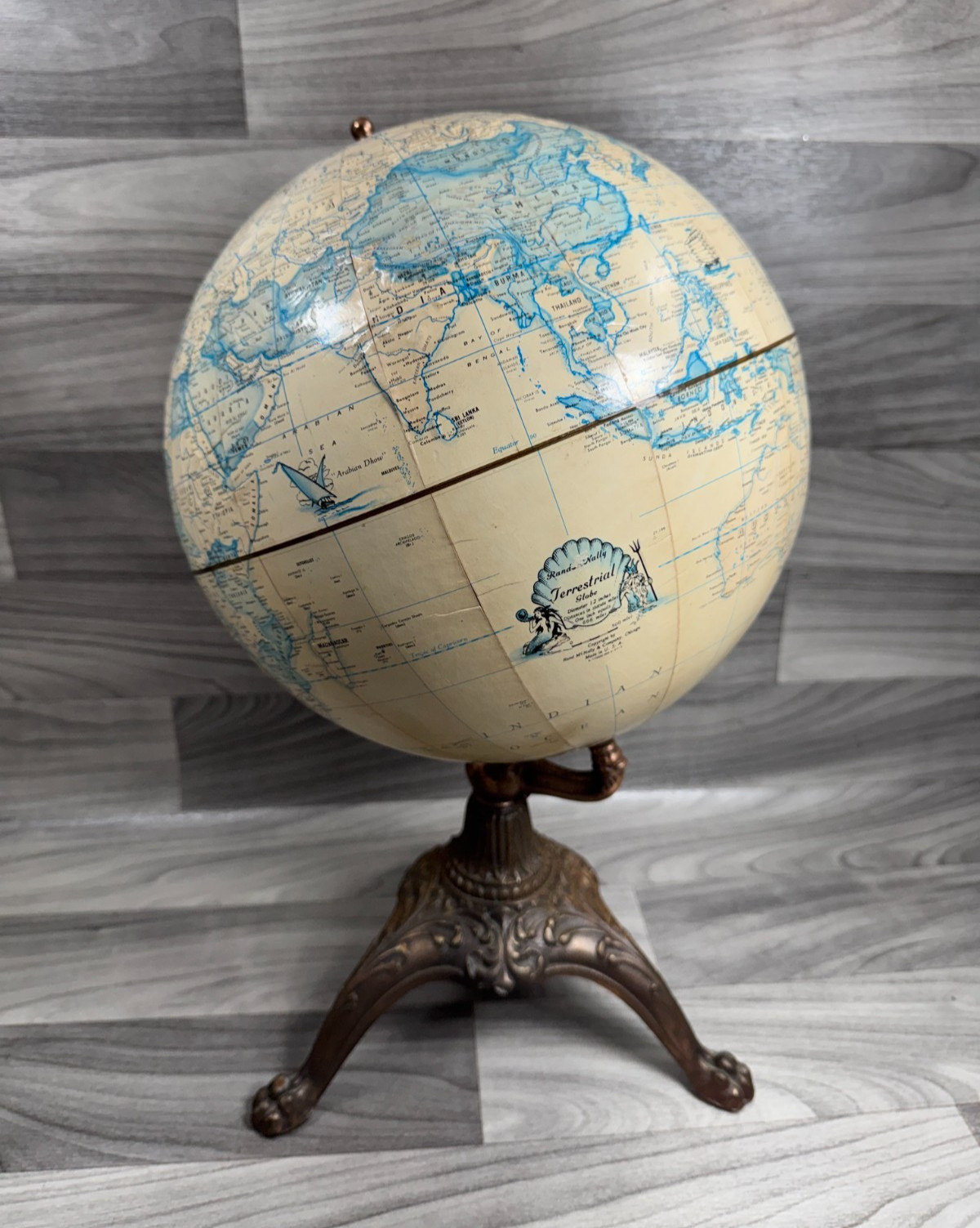 VINTAGE RAND MCNALLY TERRESTRIAL GLOBE 12” WITH OLD IRON METAL ORNATE BASE VINTAGE RAND MCNALLY TERRESTRIAL GLOBE 12” WITH OLD IRON METAL ORNATE BASE