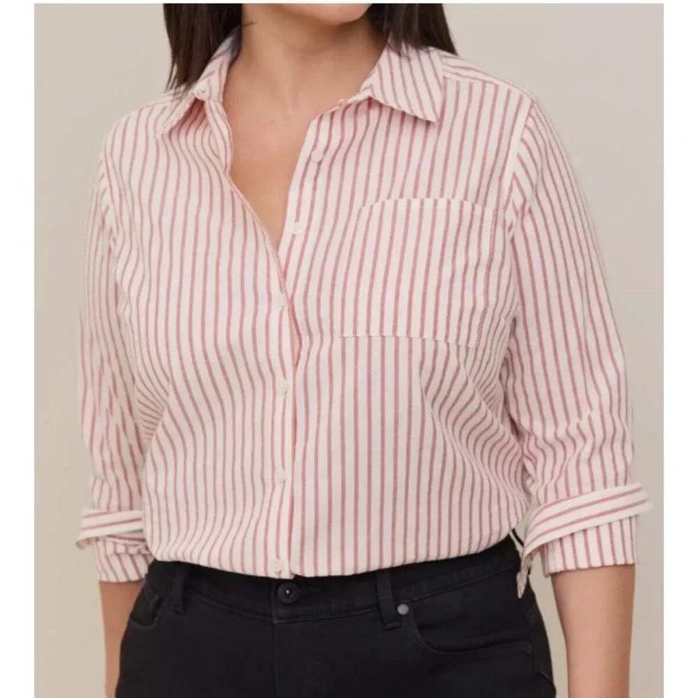 Torrid Lizzie Button Down Shirt Womens 2 2X Red White Striped Long Sleeve Cotton