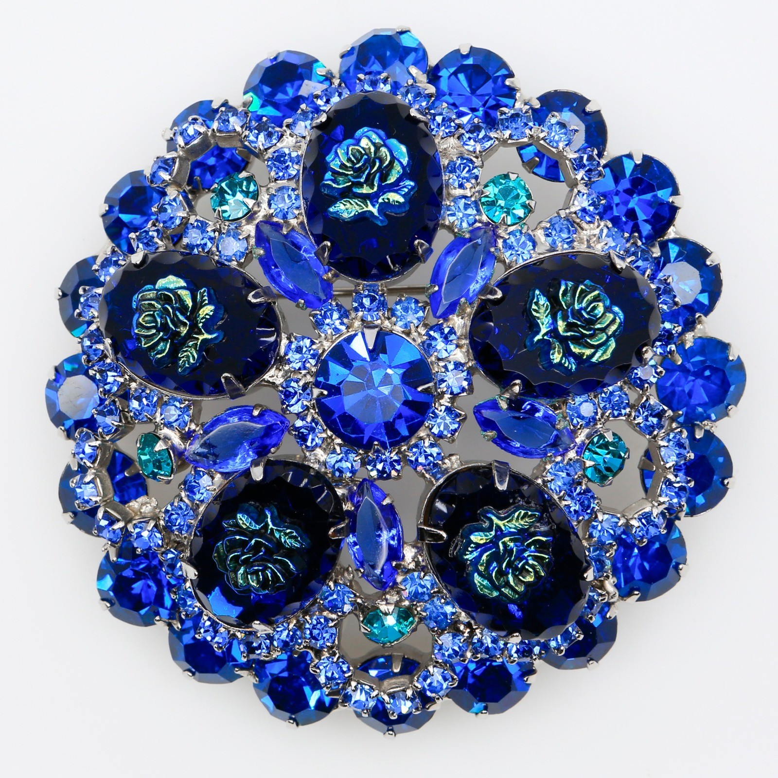 Vintage Juliana D&E Blue Art Glass Rose Rhinestone Brooch Book Piece 1960s