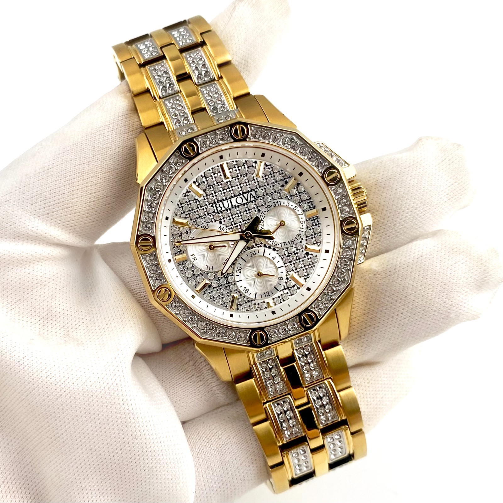 Bulova Octava 98C126 White Crystal Dial Gold Tone Quartz Men's Watch Bulova Octava 98C126 White Crystal Dial Gold Tone Quartz Men's Watch