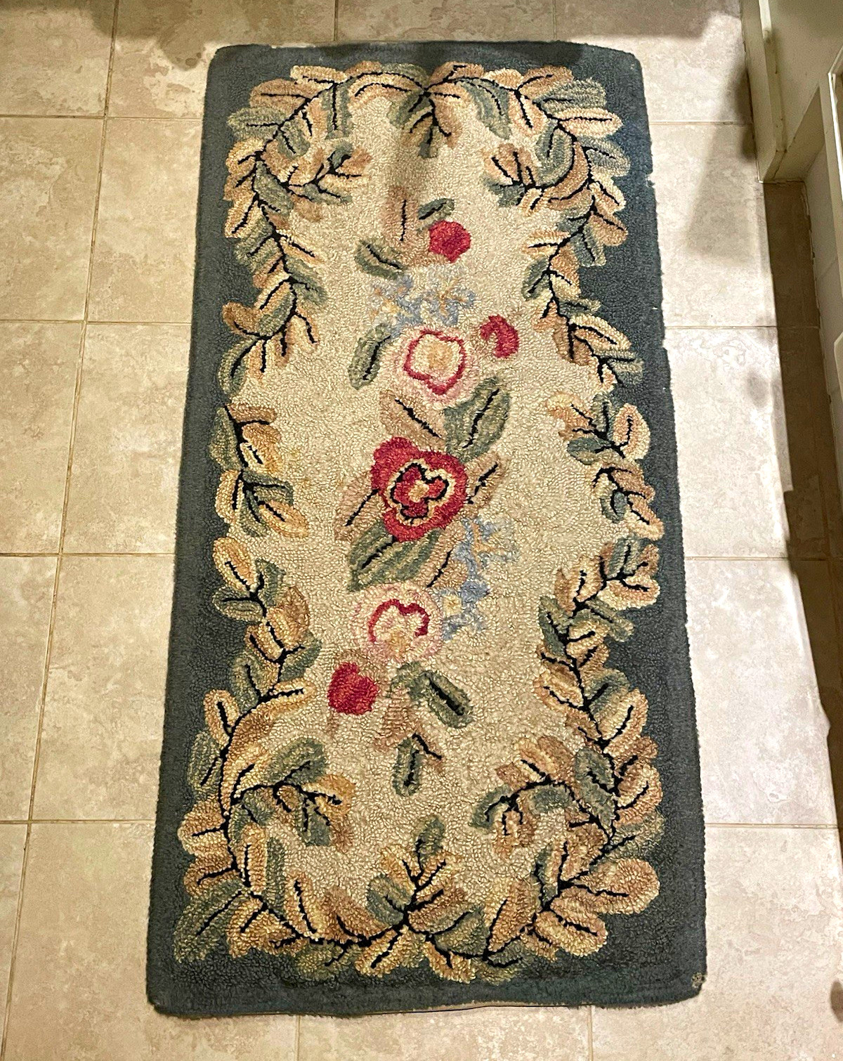 Vintage 1940s-50s Hooked Wool Rug Set 16ft Runner 9ft Round 2 Ovals Floral