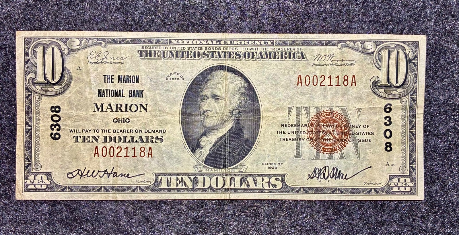 1929 $10 NATIONAL BANK NOTE MARION OHIO CHARTER 6308 TYPE 1 HARDING HISTORY NOTE