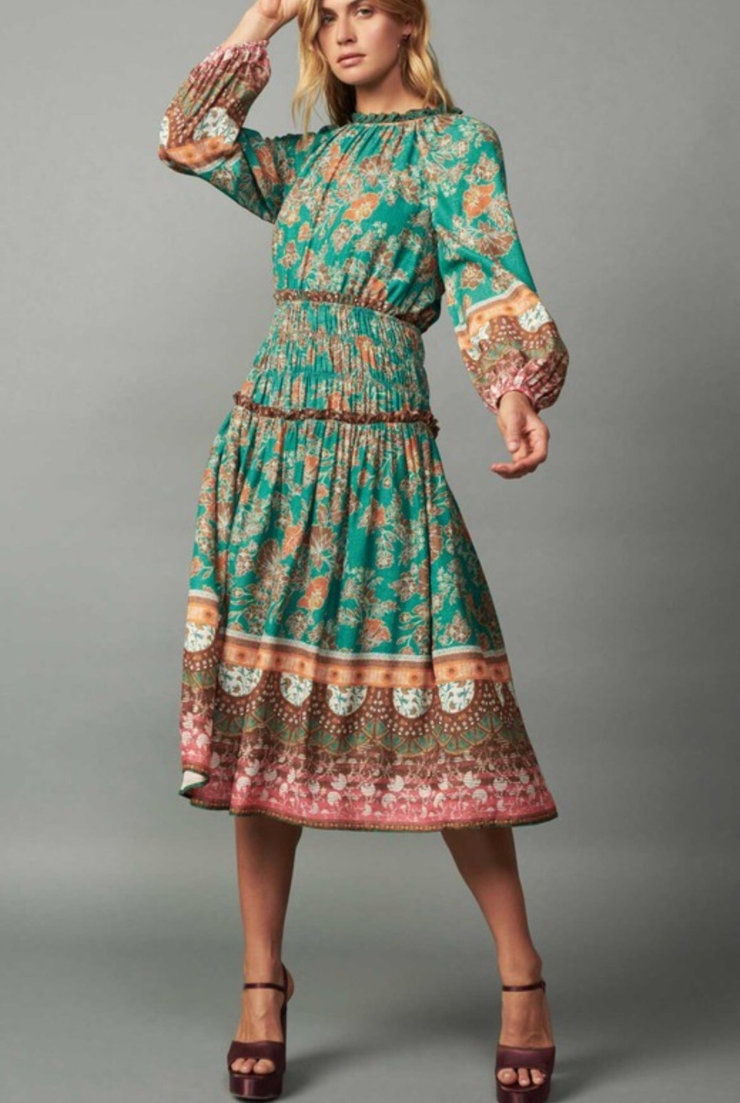 Anthropologie Current air LSLV smocked floral paisley print boho dress satin