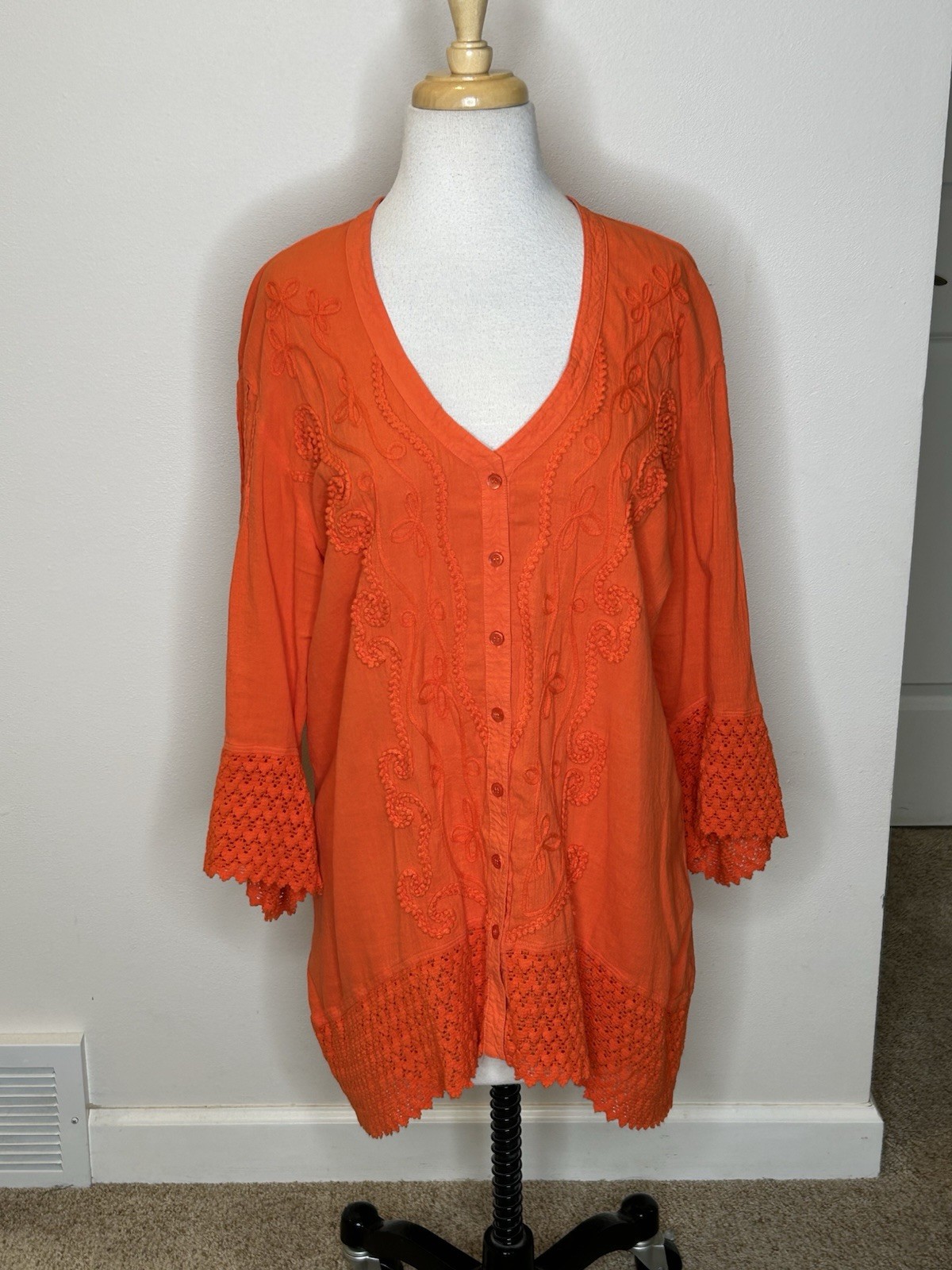 Gretty Zueger Boho Top Langenlook Orange Embroidered Tunic Size L