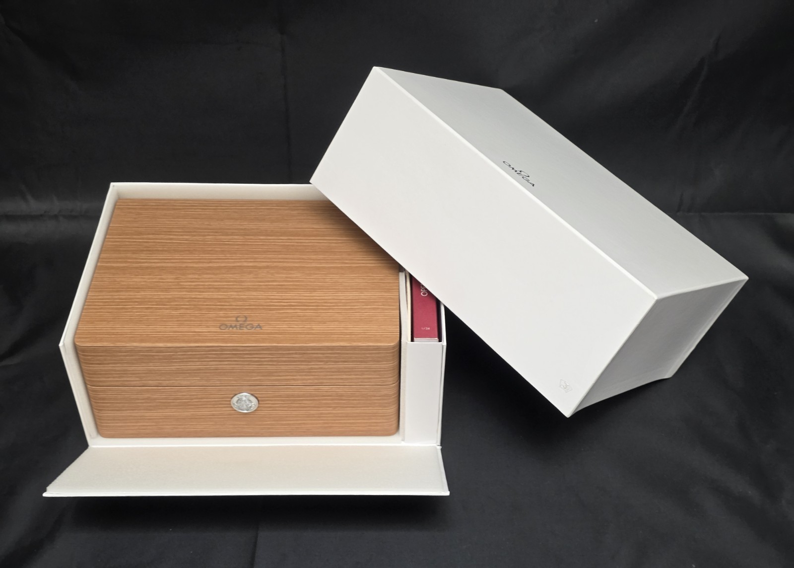 AUTHENTIC OMEGA WOODEN WATCH BOX W/ RED TRAVEL CASE BRAND NEW