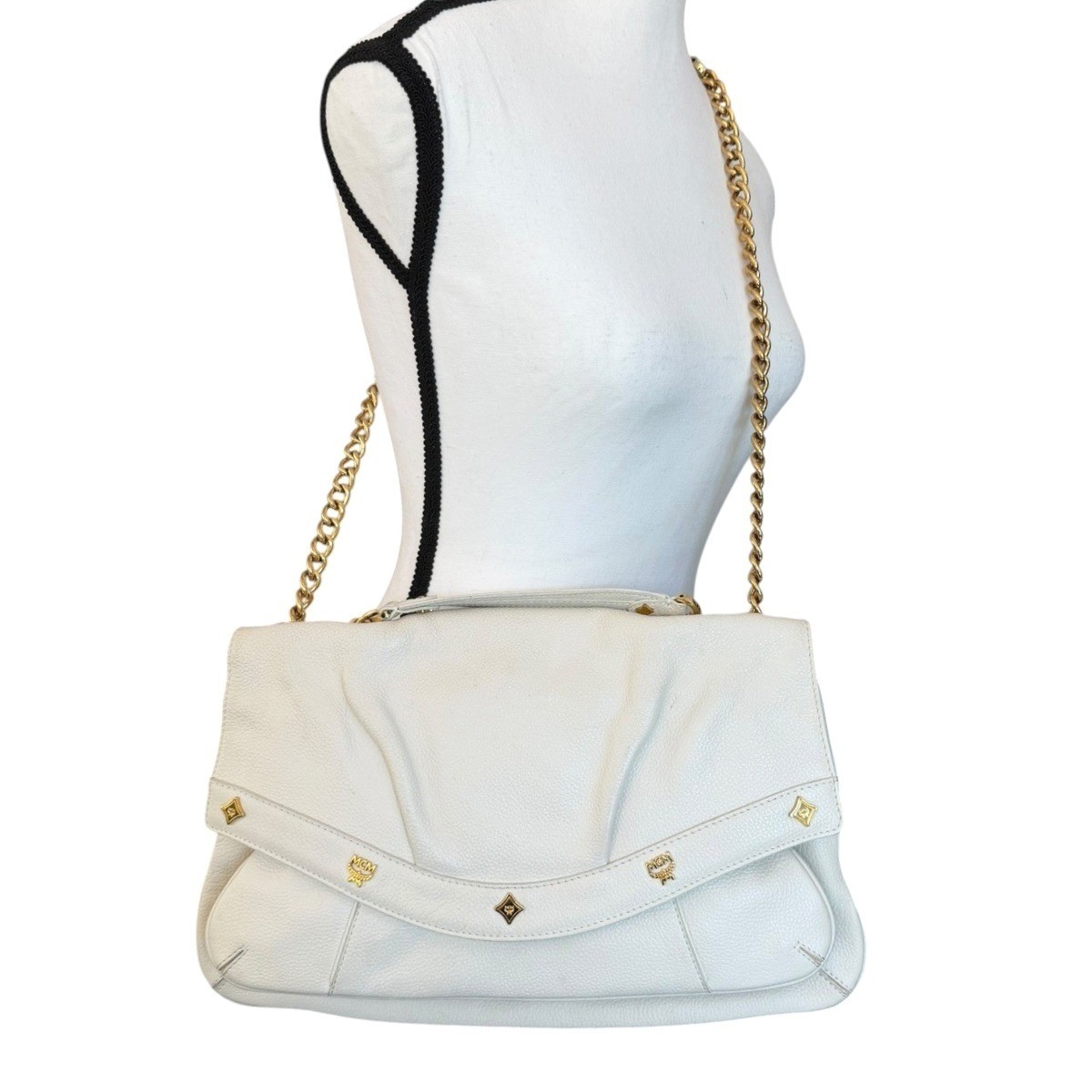 MCM White Pebbled Leather Flap Bag Gold Chain Shoulder Purse Kiss Lock