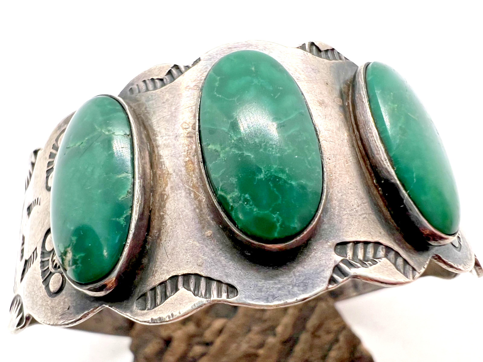 Vintage FRED HARVEY ERA 3-stone turquoise THUNDERBIRD CUFF BRACELET 6.75\
