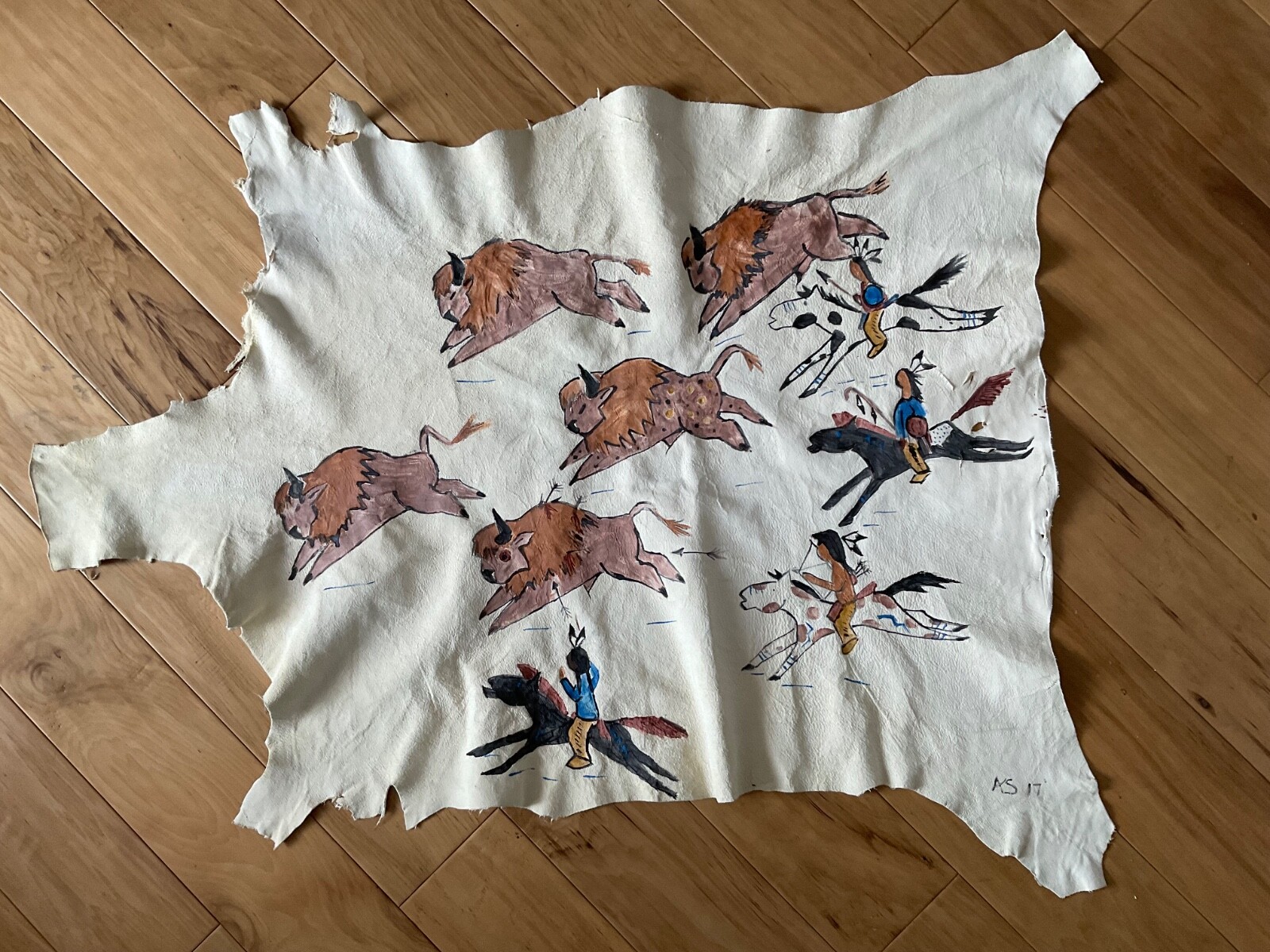Native American Indian Buffalo Hunt Hide Ledger Story Painting Artist Signed Native American Indian Buffalo Hunt Hide Ledger Story Painting Artist Signed