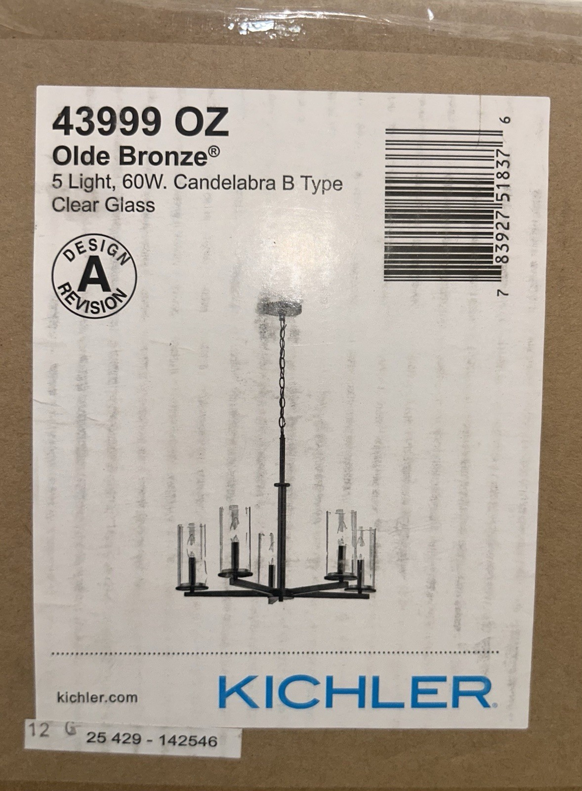 KICHLER 43999 OZ 5 Light, 60W. Candelabra B Type Clear Glass Olde Bronze