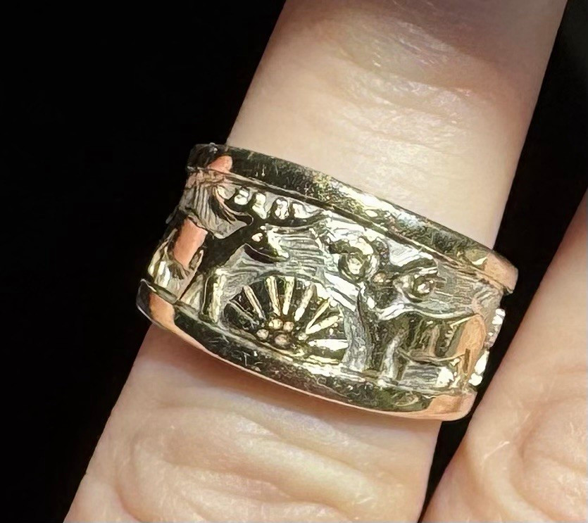 Vintage Watson Honanie Hopi Storyteller Ring – Strlg Silver w 14K Gold sz 7