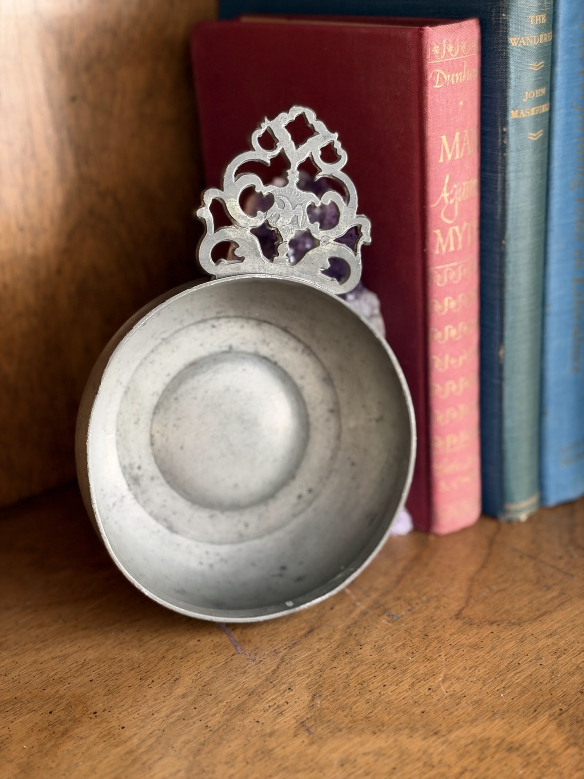 Antique Calder Providence Pewter Porringer Flowered Handle Eagle Mark 1800s