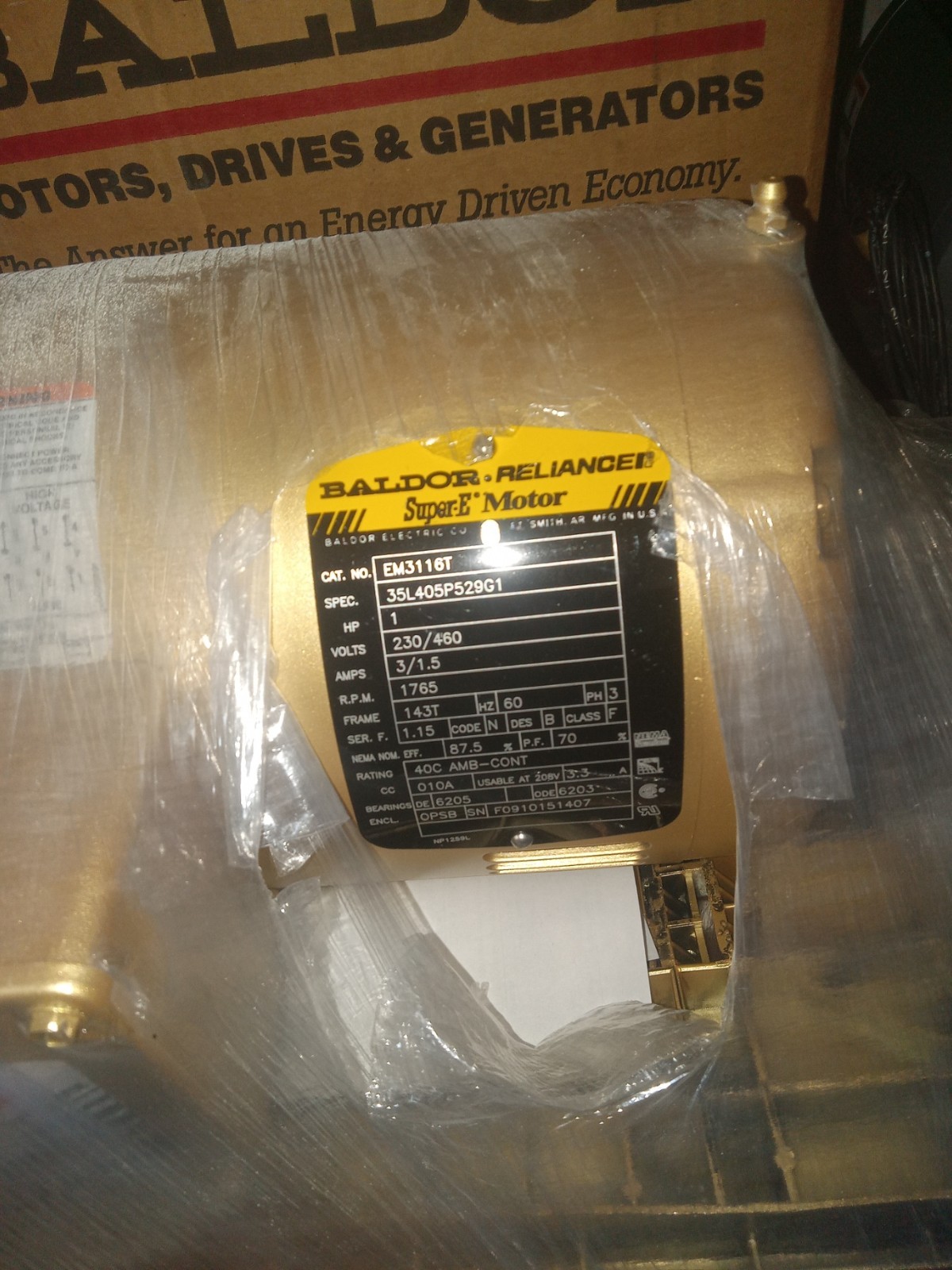 BALDOR SUPER E RELIANCER MOTOR EM3116T 1HP 1765 R.P.M. 230/460 V