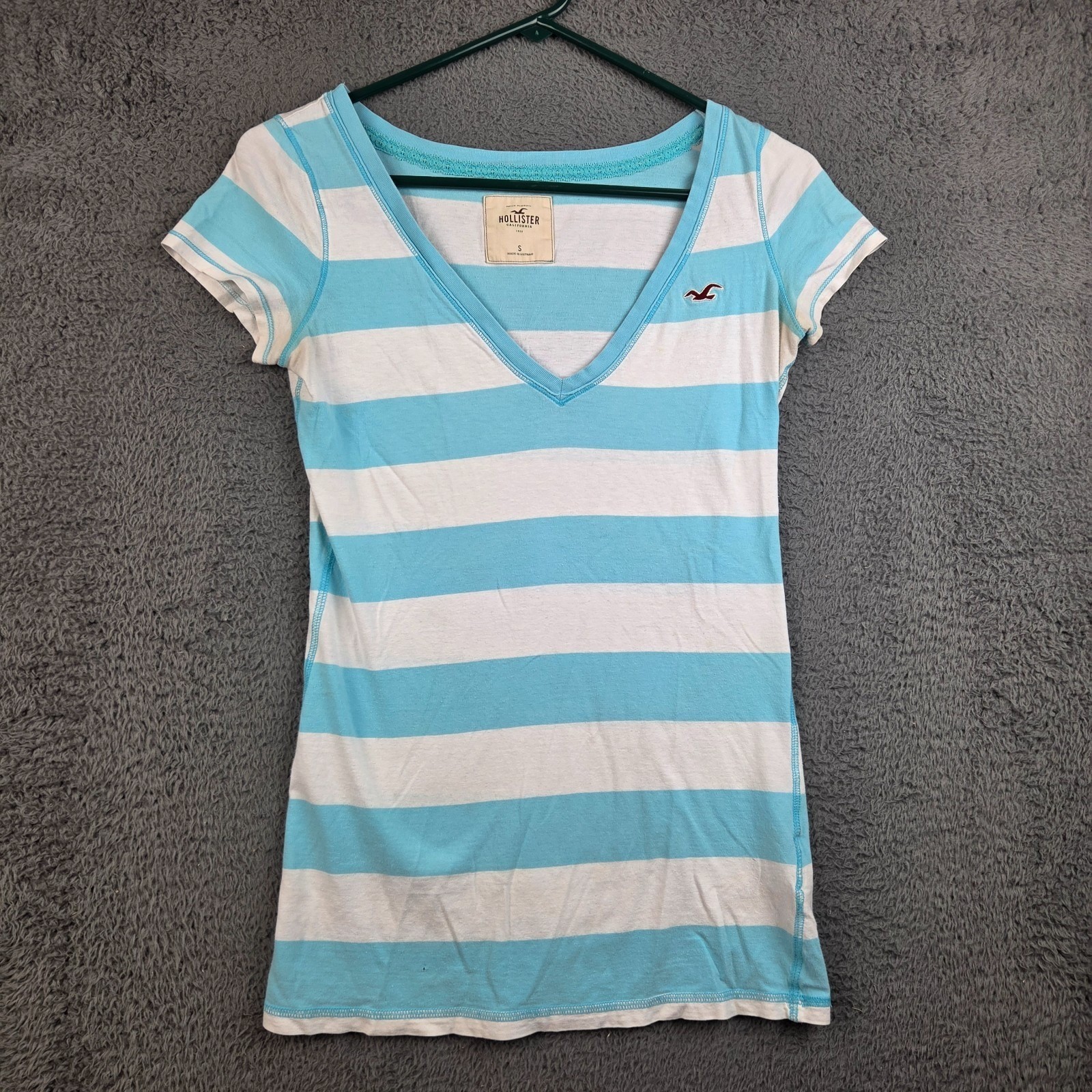 Y2K Hollister Shirt Womens Small V Neck Blue White Stripe Short Sleeve Baby Doll