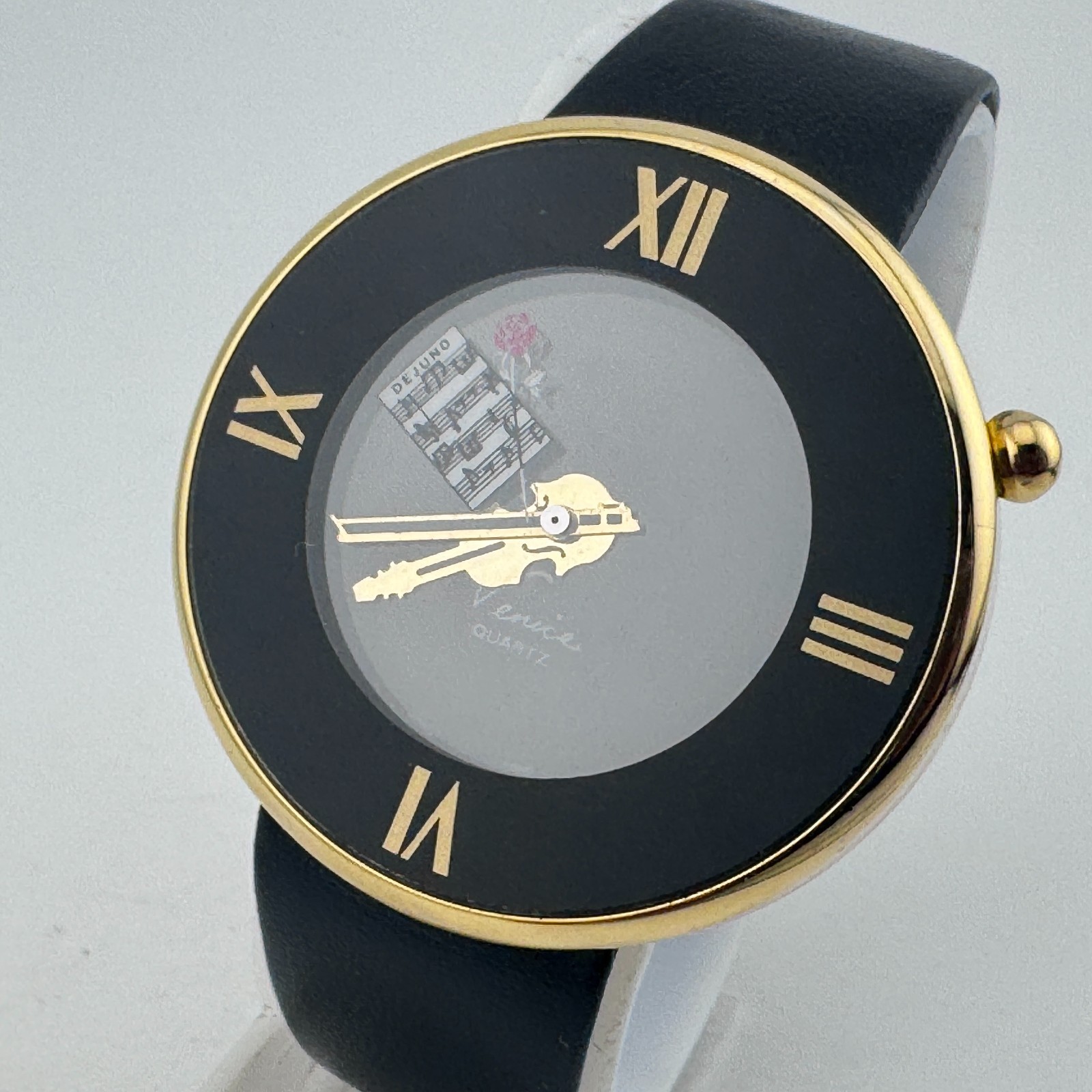 VTG Venice Quartz Watch Unisex Gold Tone Black Leather Musical Theme New Battery