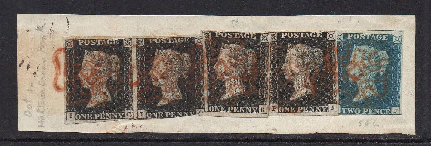 GB QV SG2/SG6 1d Blacks x 4 and 2d Pale Blue On Piece Good/Fine Used Cat £2,700