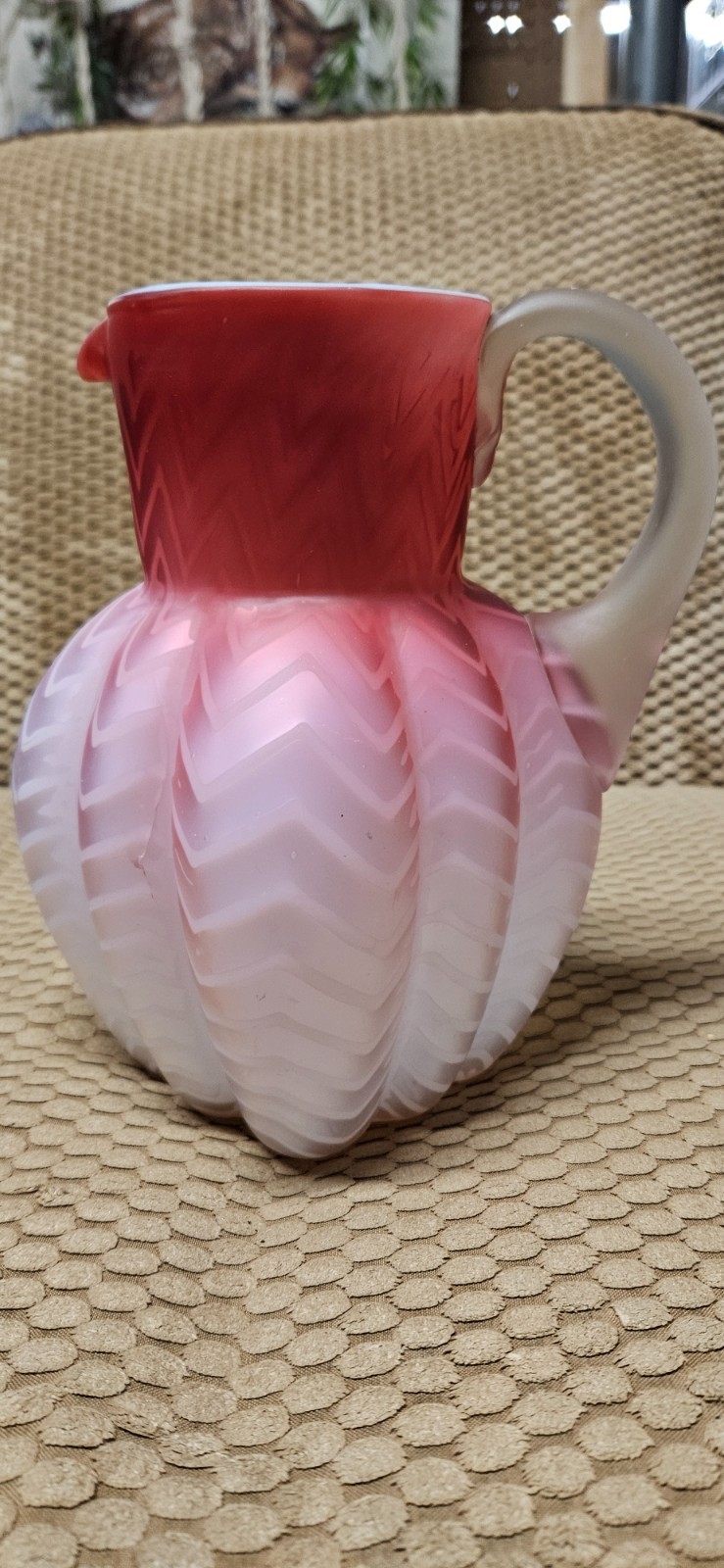 Victorian Mt Washington Pink Mother of Pearl Satin Glass Herringbone Pitcher 8.5 Victorian Mt Washington Pink Mother of Pearl Satin Glass Herringbone Pitcher 8.5