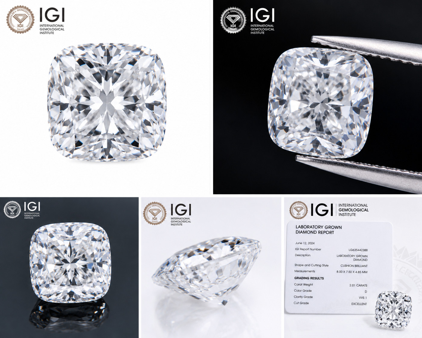 2.00 Ct Cushion Cut CVD Lab Diamond IGI Certified D Color VVS1