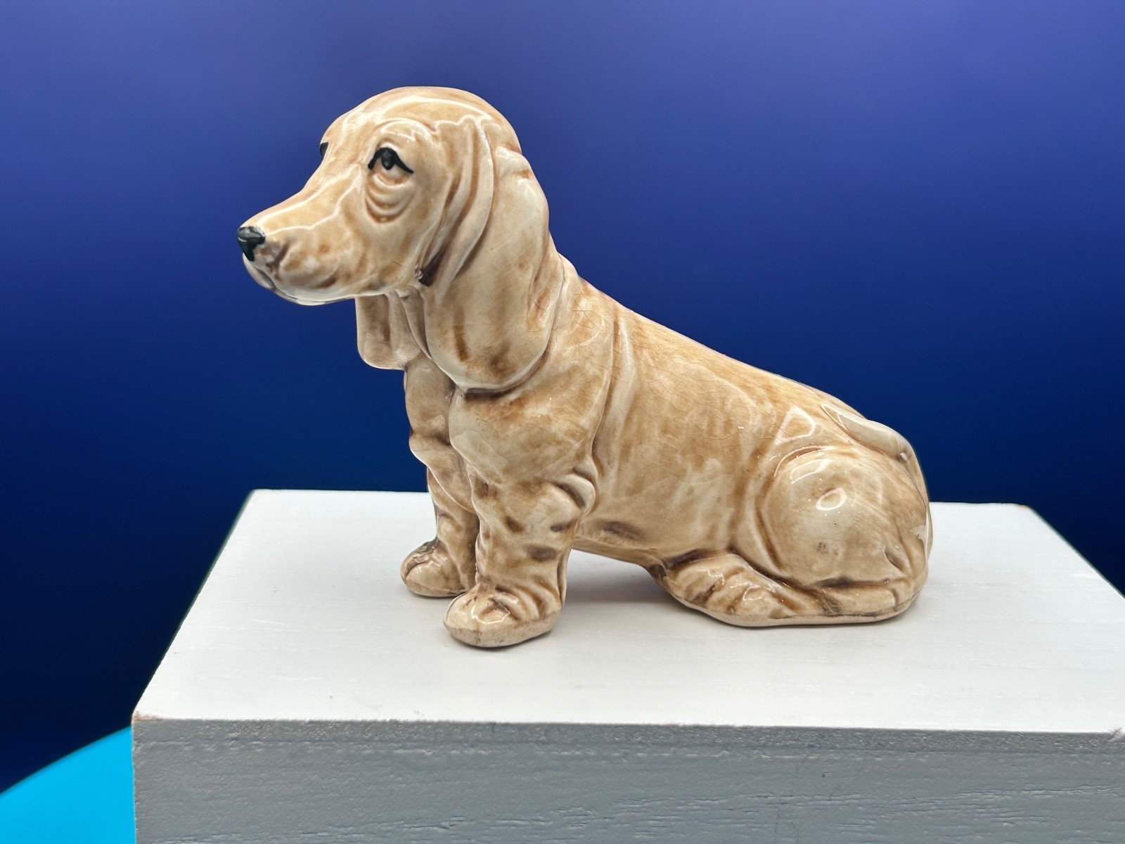 Adorable Vintage Ceramic Basset Hound Laying Down Figurine Made in Japan