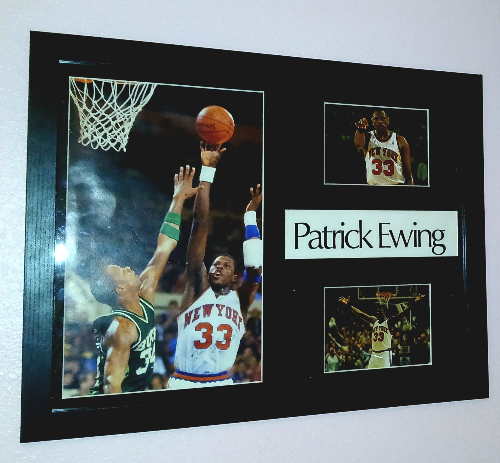 KNICKS PATRICK EWING SIGNED AUTOGRAPHED NBA BASKETBALL FRAMED POSTER JSA COA