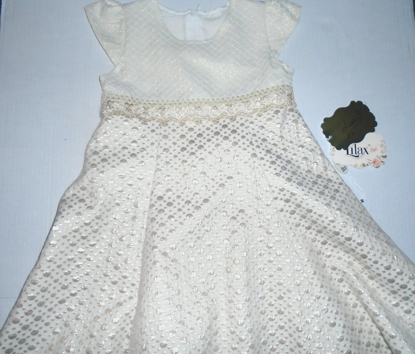 LILAX STYLE GIRLS GILTTER DRESS SIZE 7 EGG SHELL COLOR WITH GOLD GLITTER PRINT LILAX STYLE GIRLS GILTTER DRESS SIZE 7 EGG SHELL COLOR WITH GOLD GLITTER PRINT