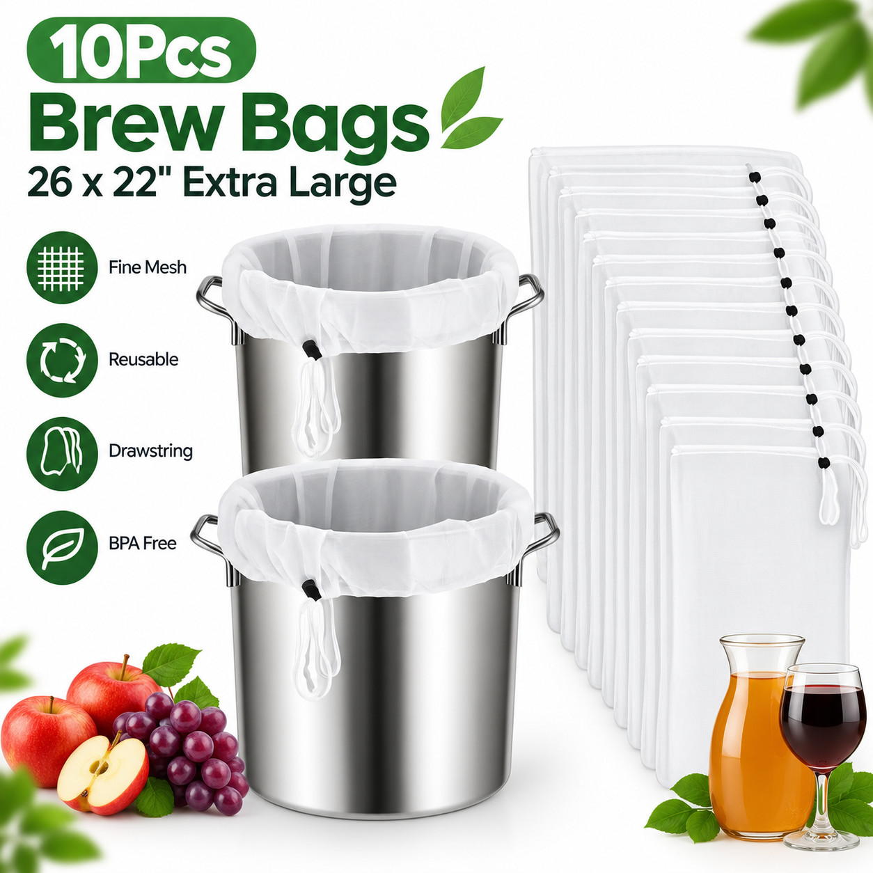 10 Pack Reusable Brew Bags - Extra Large Fine Mesh Strainer Bag for Home Brewing