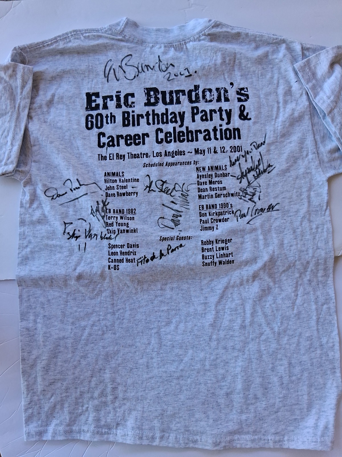 Vintage 2001 Eric Burdon Multi-Signed 60th Birthday Celebration Concert T-Shirt Vintage 2001 Eric Burdon Multi-Signed 60th Birthday Celebration Concert T-Shirt
